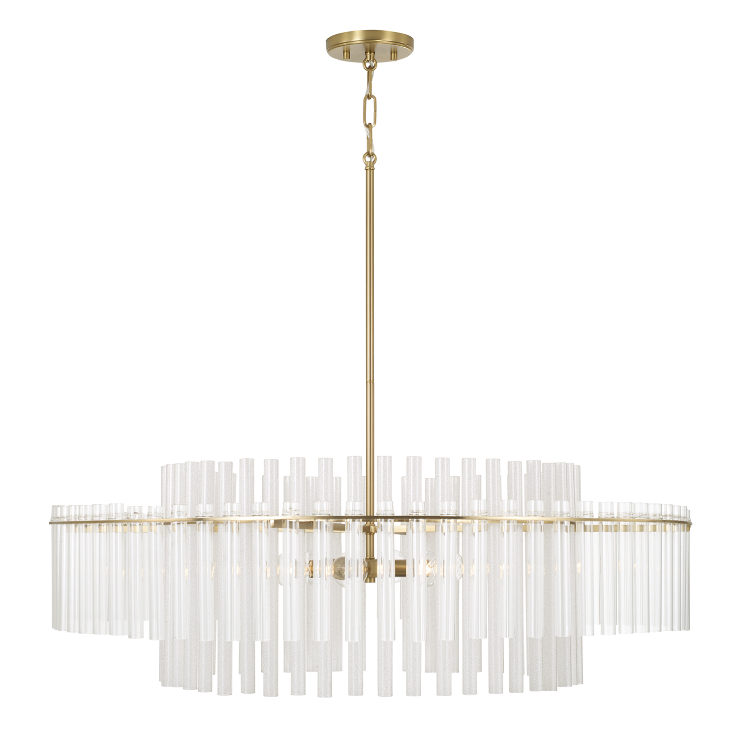 36" W x 17.25" H 6-Light Tiered Pendant in Aged Brass with Clear and Etched Glass Tubes