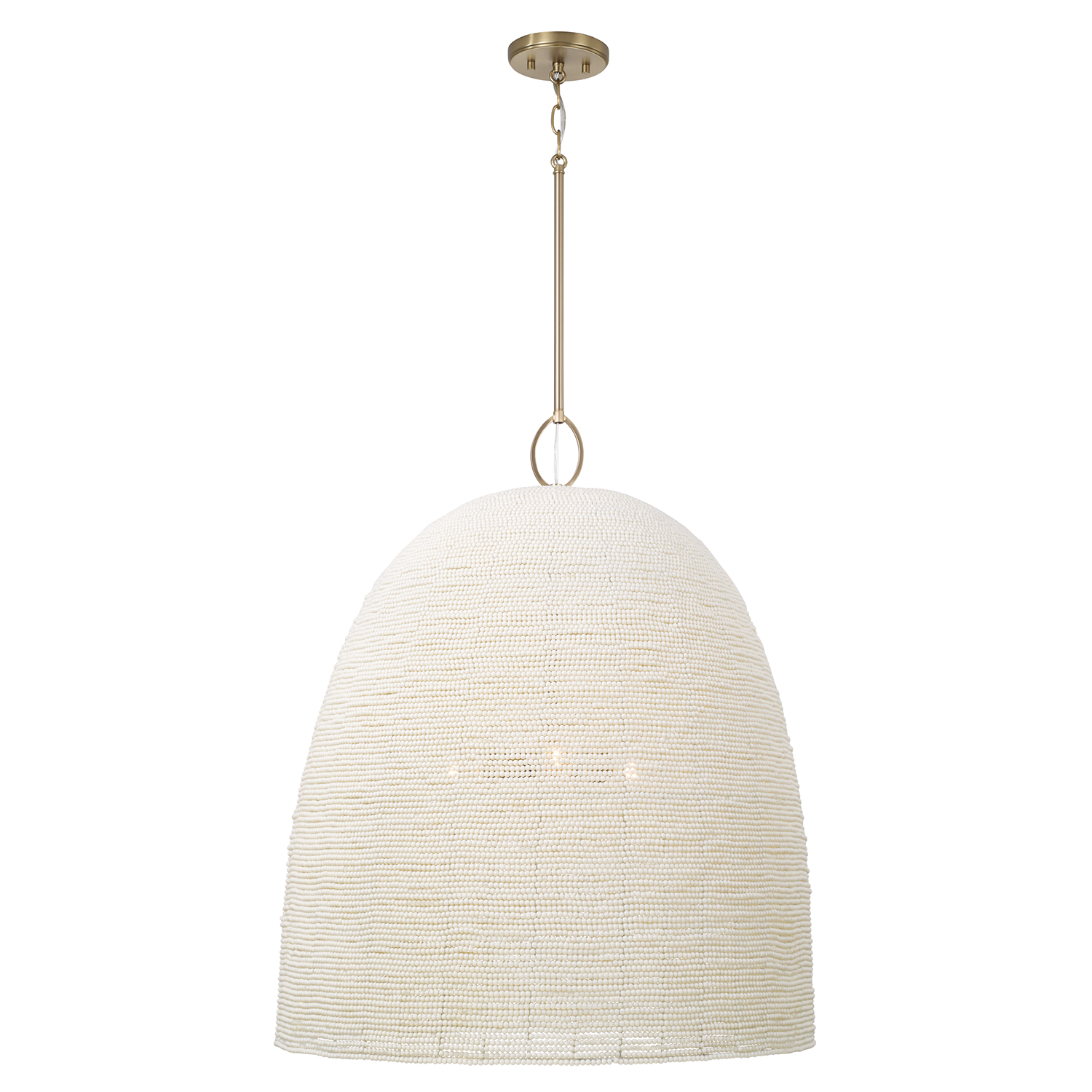 25" W x 30" H 3-Light Handcrafted Bell Pendant with Tiny Beads Painted Ivory in Aged Brass