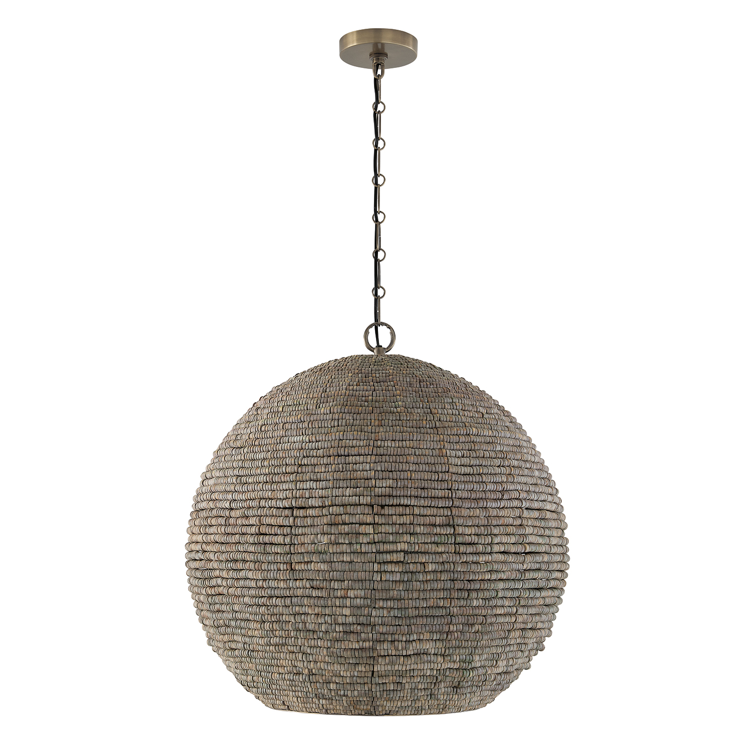 22.5" W x 24" H 1-Light Intricate Beaded Orb Pendant with Handcrafted Wooden Beads in Aegean Grey and Dark Brass with Inner Glass Globe and Decorative Designer Chain