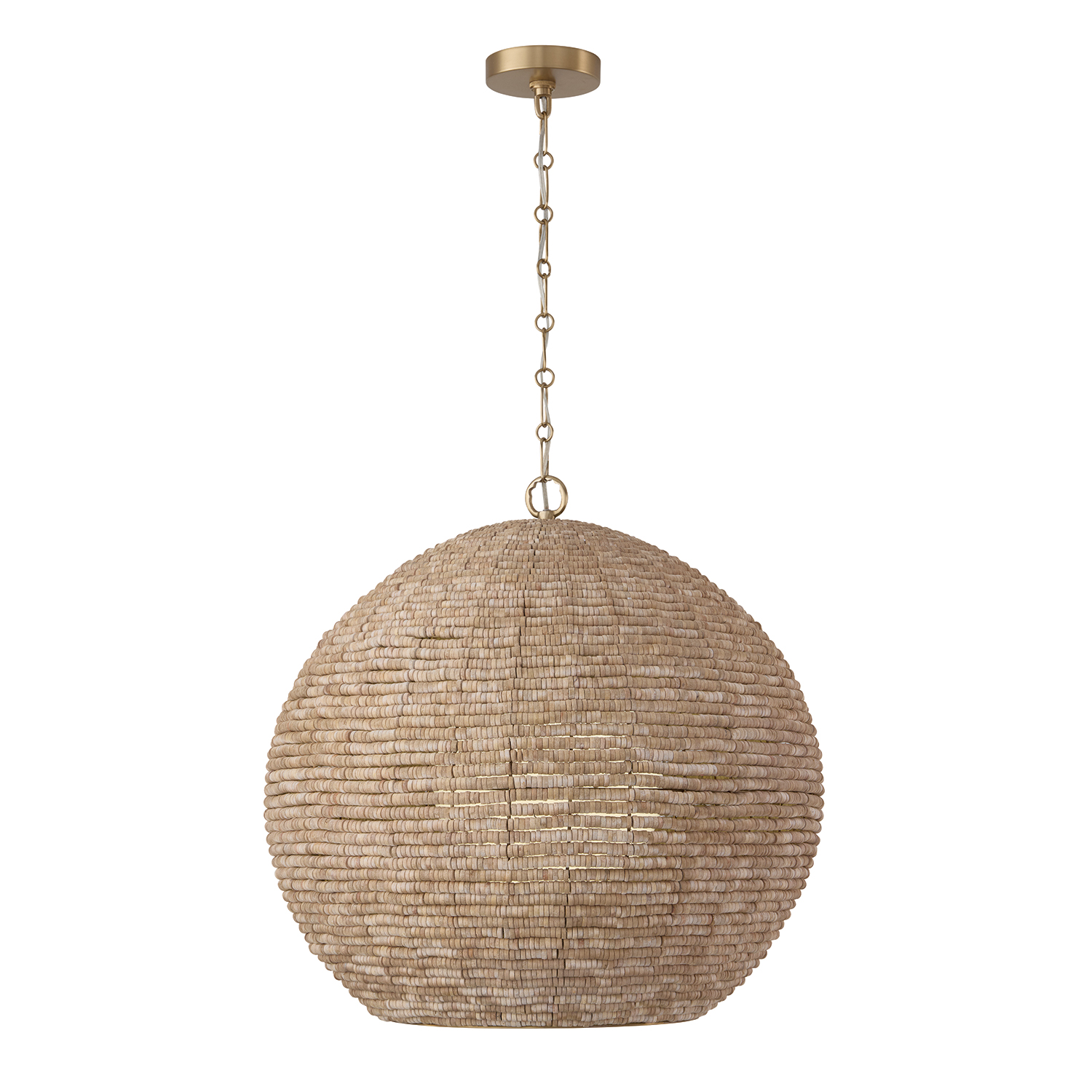 22.5" W x 24" H 1-Light Intricate Beaded Orb Pendant with Handcrafted Wooden Beads in Light Fawn and Matte Brass with Inner Glass Globe and Decorative Designer Chain