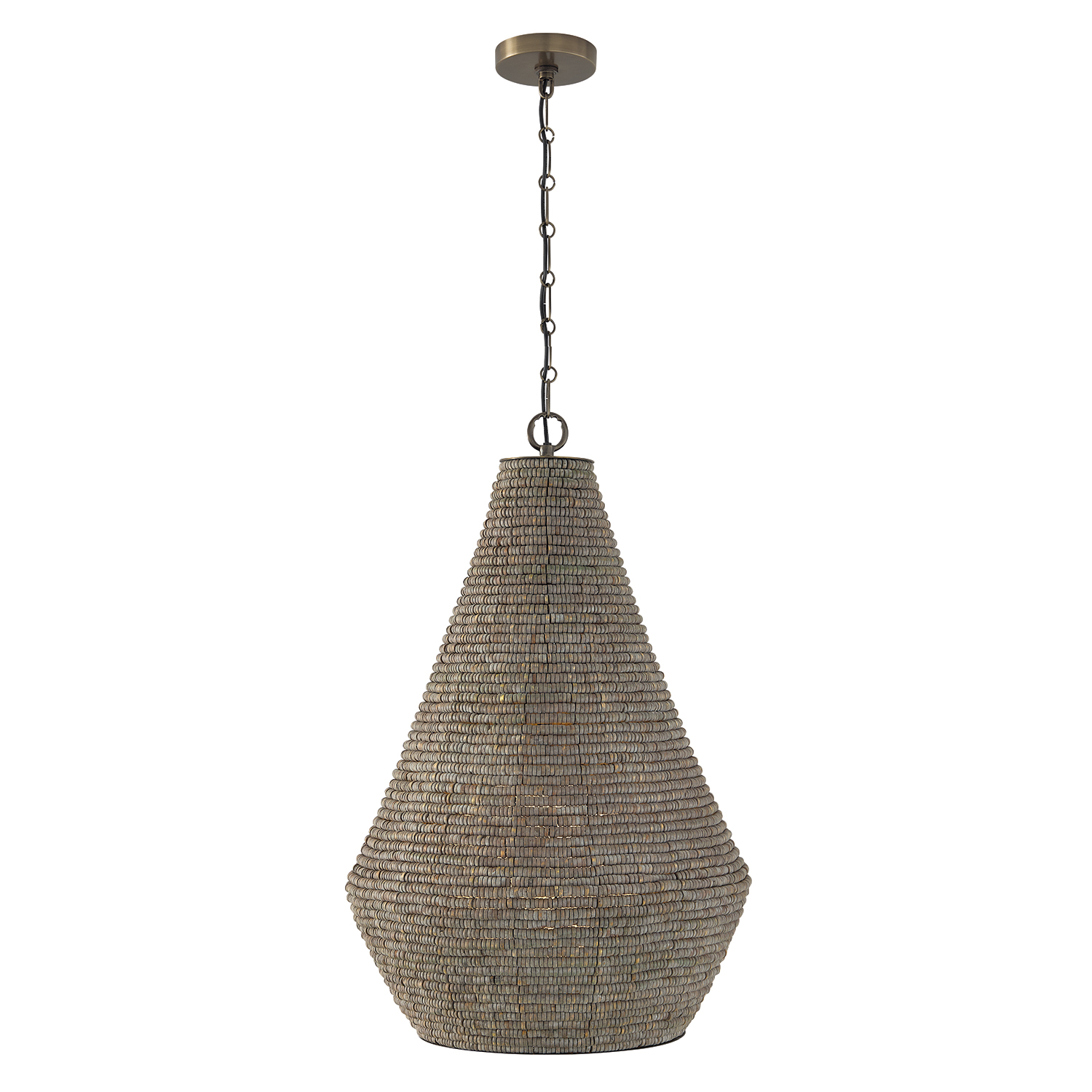 20" W x 30.5" H 1-Light Intricate Beaded Teardrop Pendant with Handcrafted Wooden Beads in Aegean Grey and Dark Brass with Inner Glass Globe and Decorative Designer Chain