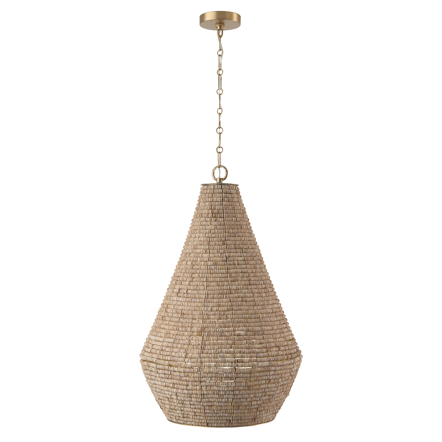 20" W x 30.5" H 1-Light Intricate Beaded Teardrop Pendant with Handcrafted Wooden Beads in Light Fawn and Matte Brass with Inner Glass Globe and Decorative Designer Chain