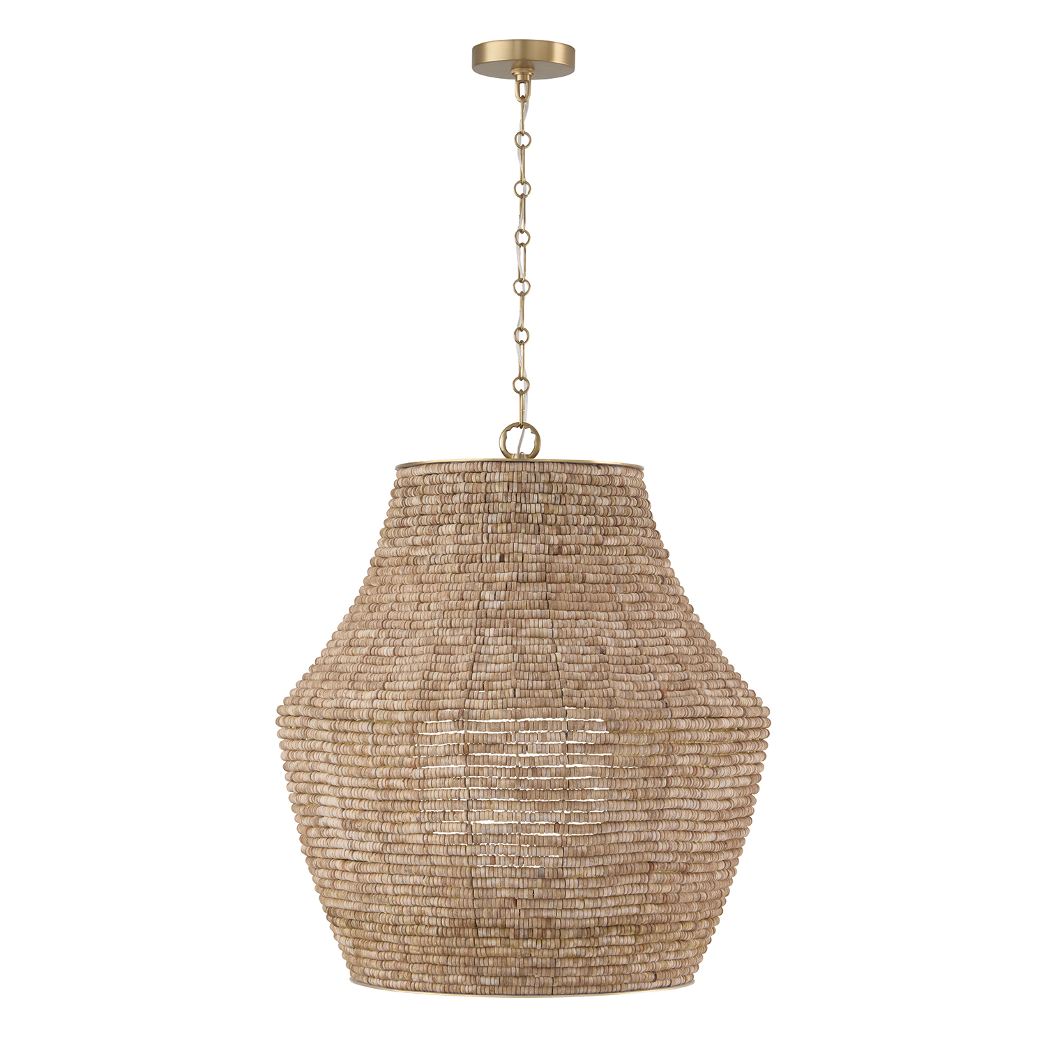 23" W x 27.5" H 1-Light Intricate Beaded Vase Pendant with Handcrafted Wooden Beads in Light Fawn and Matte Brass with Inner Glass Globe and Decorative Designer Chain