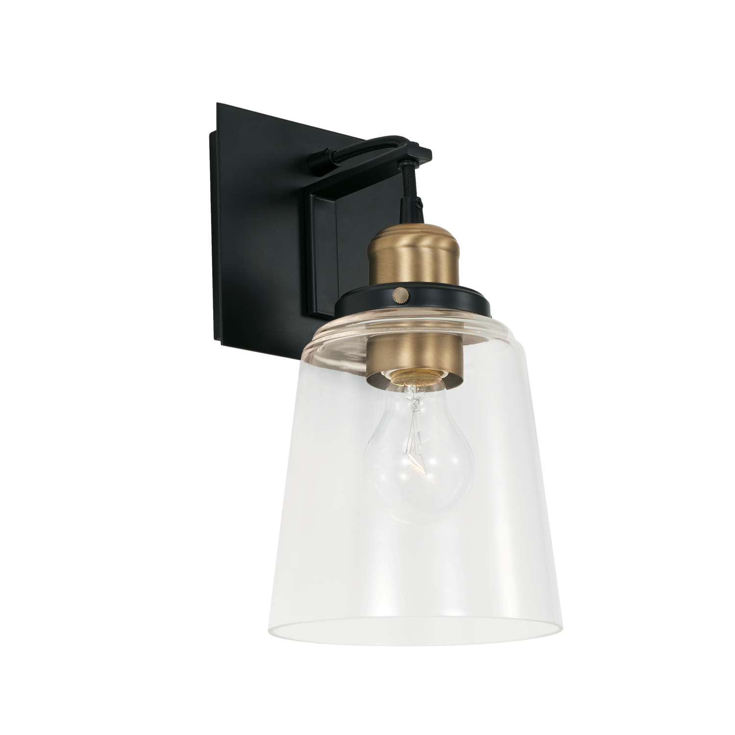 6" W x 12" H x 7.5" E 1-Light Sconce in Aged Brass and Black with Clear Glass Shade