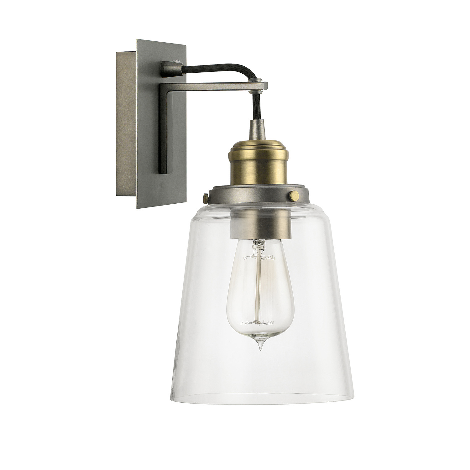 6" W x 12" H x 7.5" E 1-Light Sconce in Graphite with Aged Brass and Clear Glass Shade