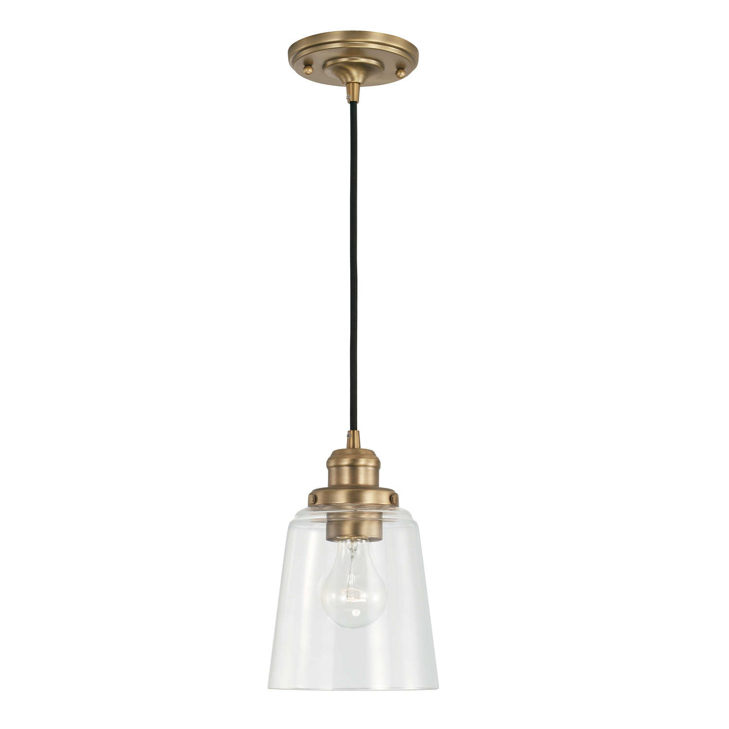 6" W x 9" H 1-Light Pendant in Aged Brass with Clear Glass Shade and Braided Black Cord