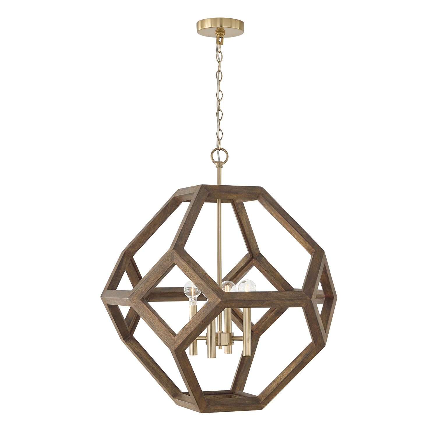 24" W x 28" H 4-Light Geometric Orb Pendant in Matte Brass with Handcrafted Mango Wood in Dark Nordic Stain