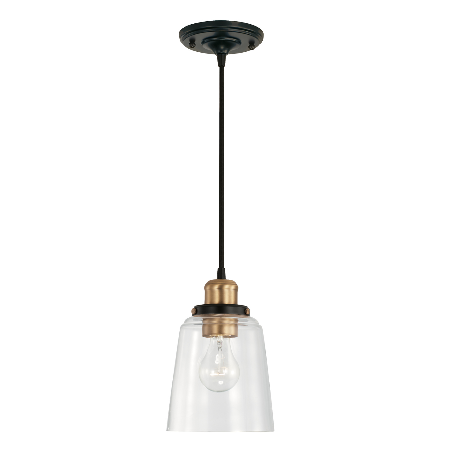 6" W x 9" H 1-Light Pendant in Aged Brass and Black with Clear Glass Shade and Braided Black Cord