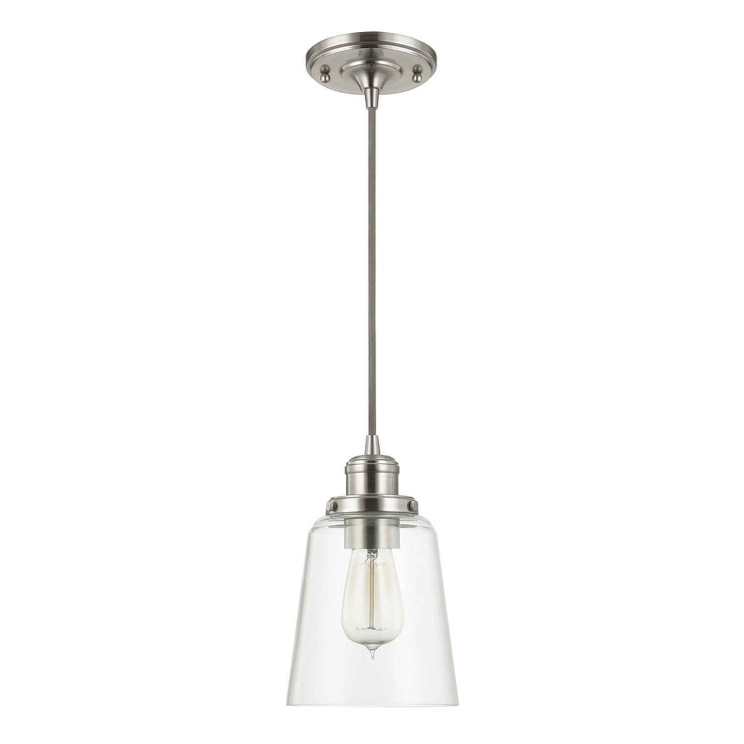 6" W x 9" H 1-Light Pendant in Brushed Nickel with Clear Glass Shade and Braided Grey Cord