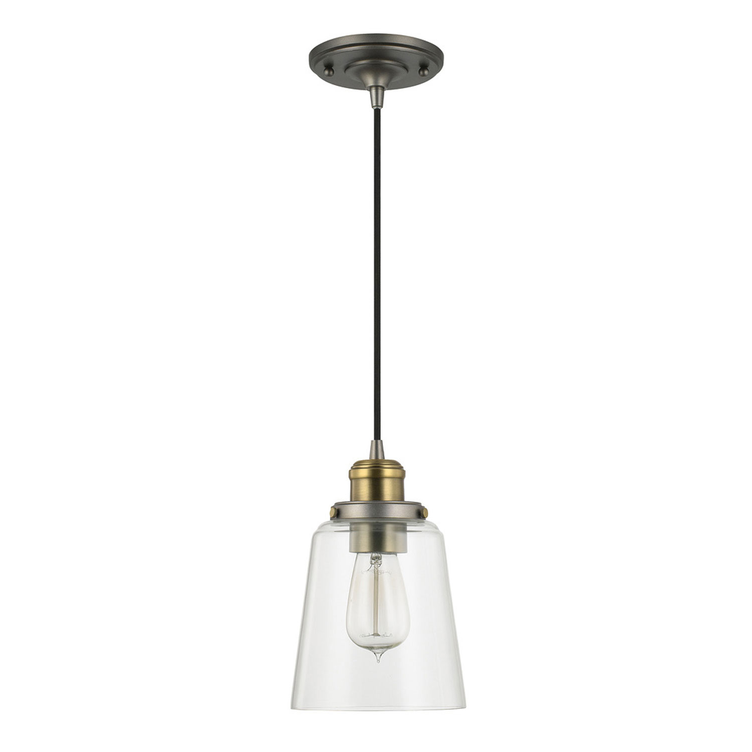 6" W x 9" H 1-Light Pendant in Graphite with Aged Brass with Clear Glass Shade and Braided Black Cord