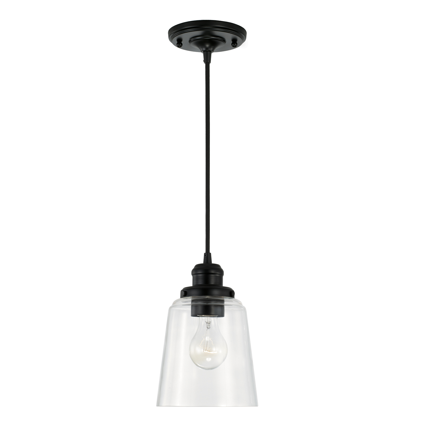 6" W x 9" H 1-Light Pendant in Matte Black with Clear Glass Shade and Braided Black Cord