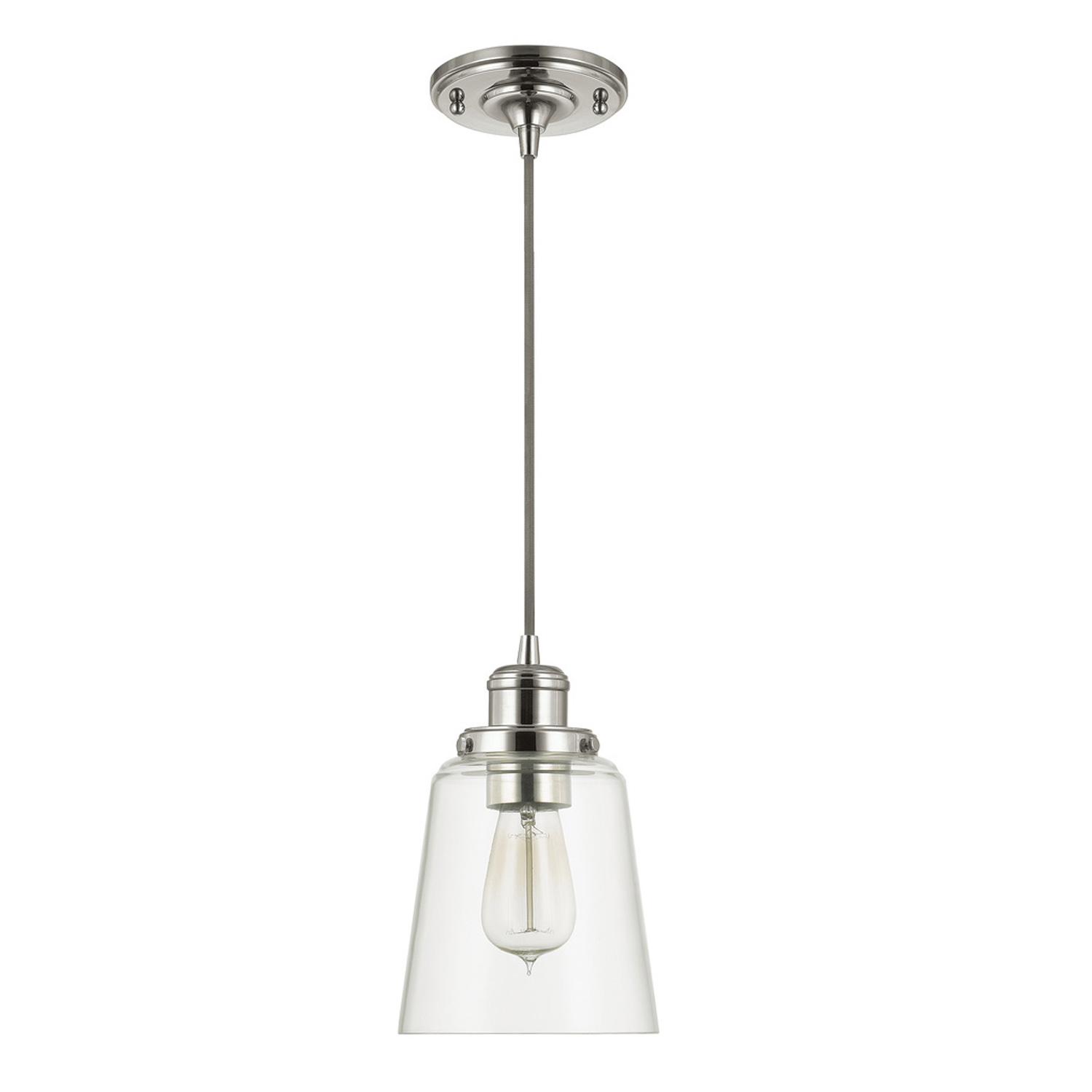 6" W x 9" H 1-Light Pendant in Polished Nickel with Clear Glass Shade and Braided Grey Cord