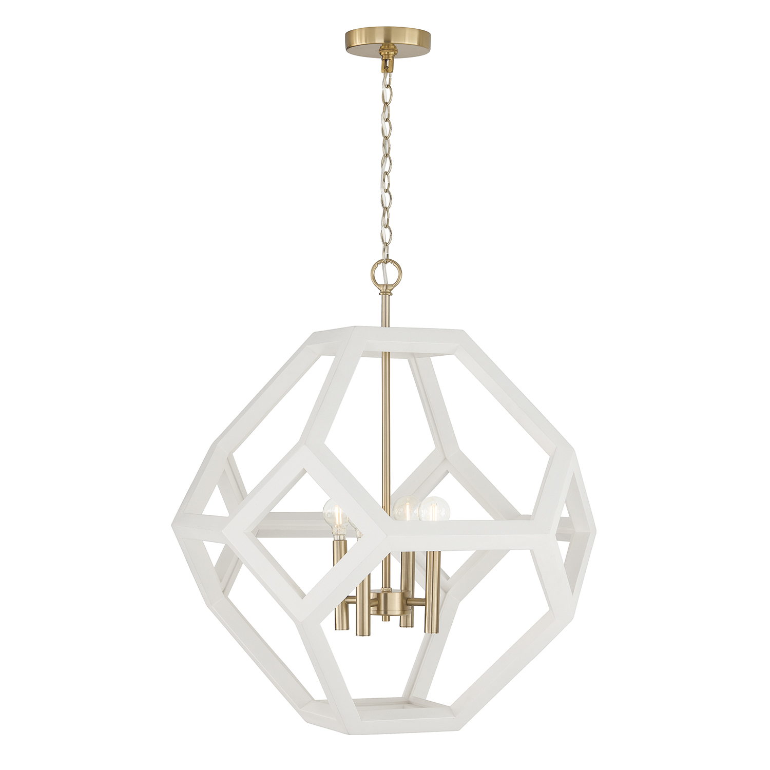 24" W x 28" H 4-Light Geometric Orb Pendant in Matte Brass with Handcrafted Mango Wood Hand-painted Flat White