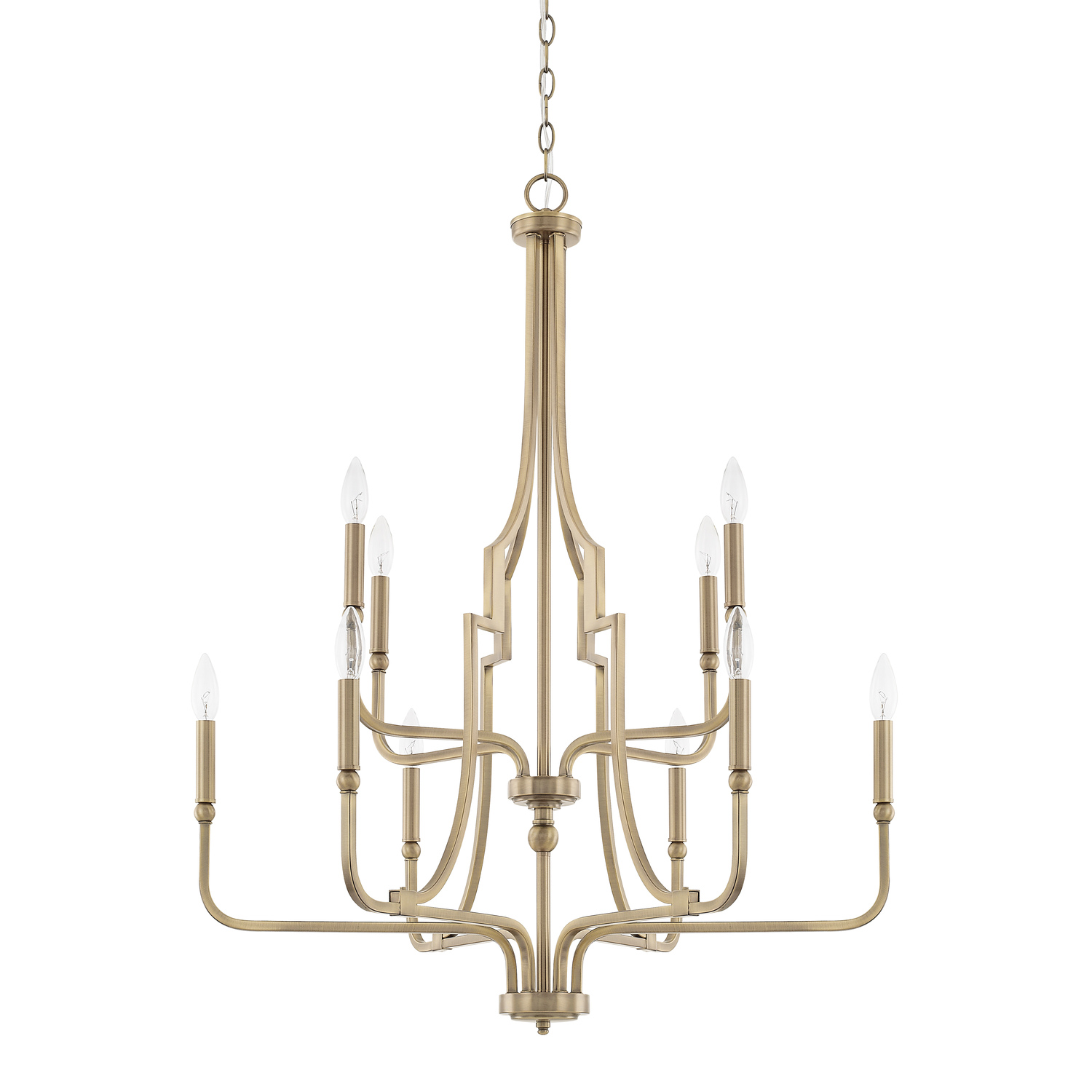 30" W x 38" H 10-Light Tiered Chandelier in Aged Brass