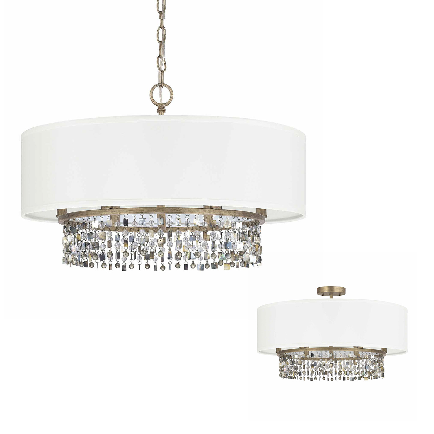 24" W x 15.5" H 6-Light Dual Mount Pendant in Brushed Gold with White Fabric Drum Shade with Multicolor Shell Adornments