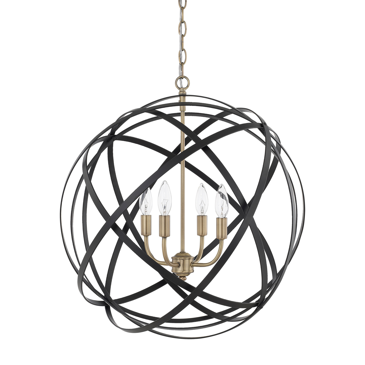 23" W x 23.5" H 4-Light Adjustable Orb Pendant in Aged Brass and Black