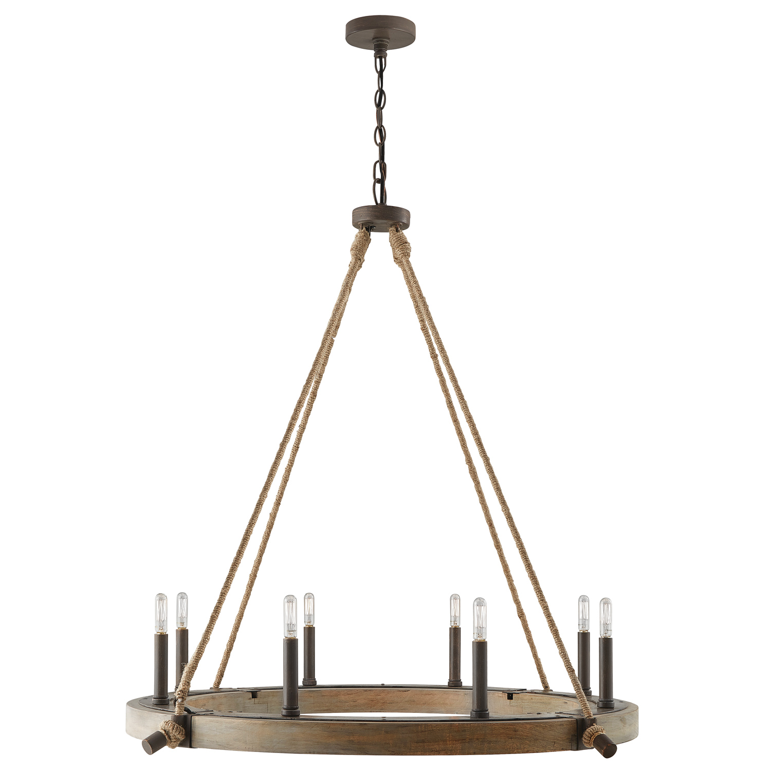 38" W x 38" H 8-Light Wood Ring Chandelier with Natural Jute Accents in Nordic Grey