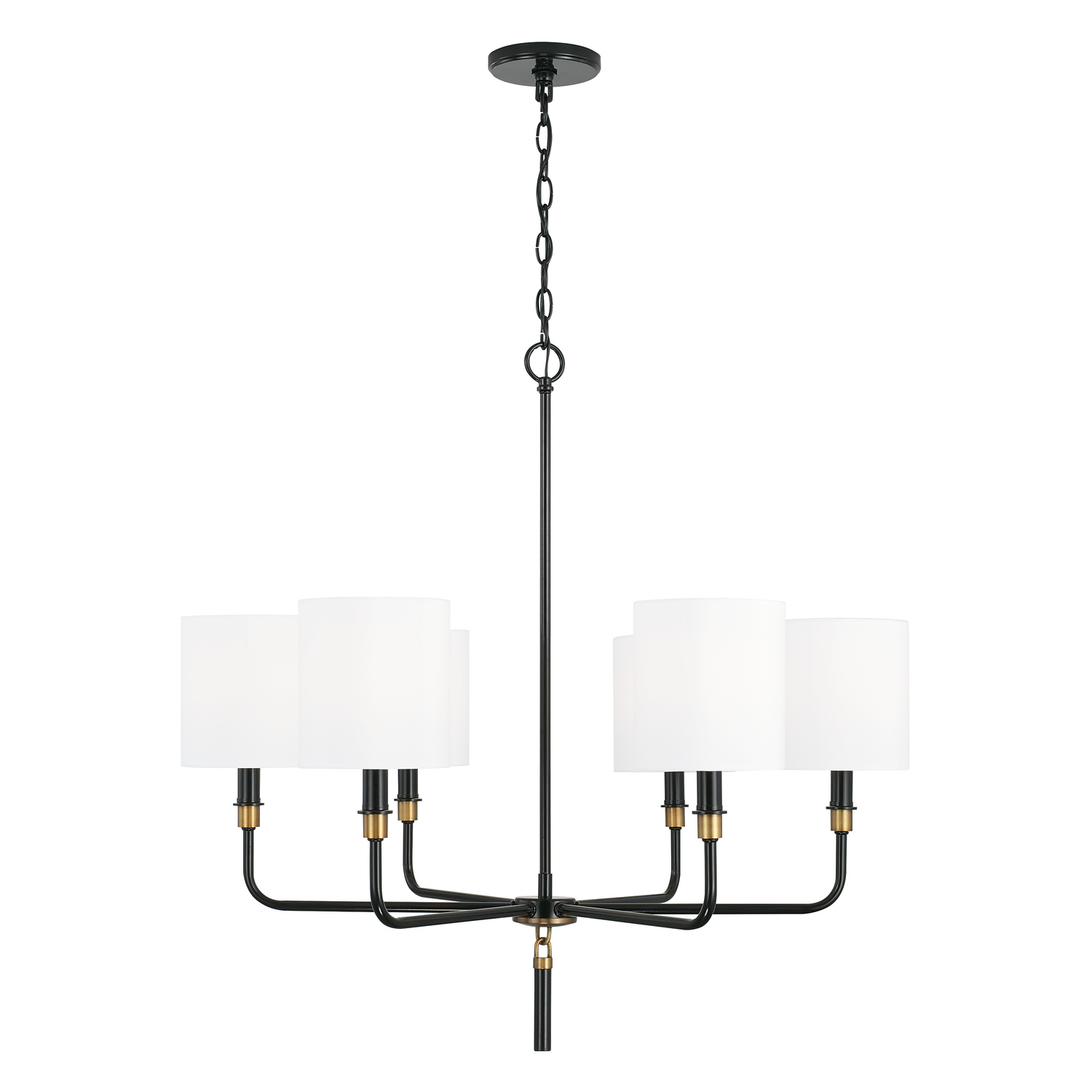 32" W x 31.5" H 6-Light Chandelier in Glossy Black and Aged Brass with White Fabric Stay-Straight Shades