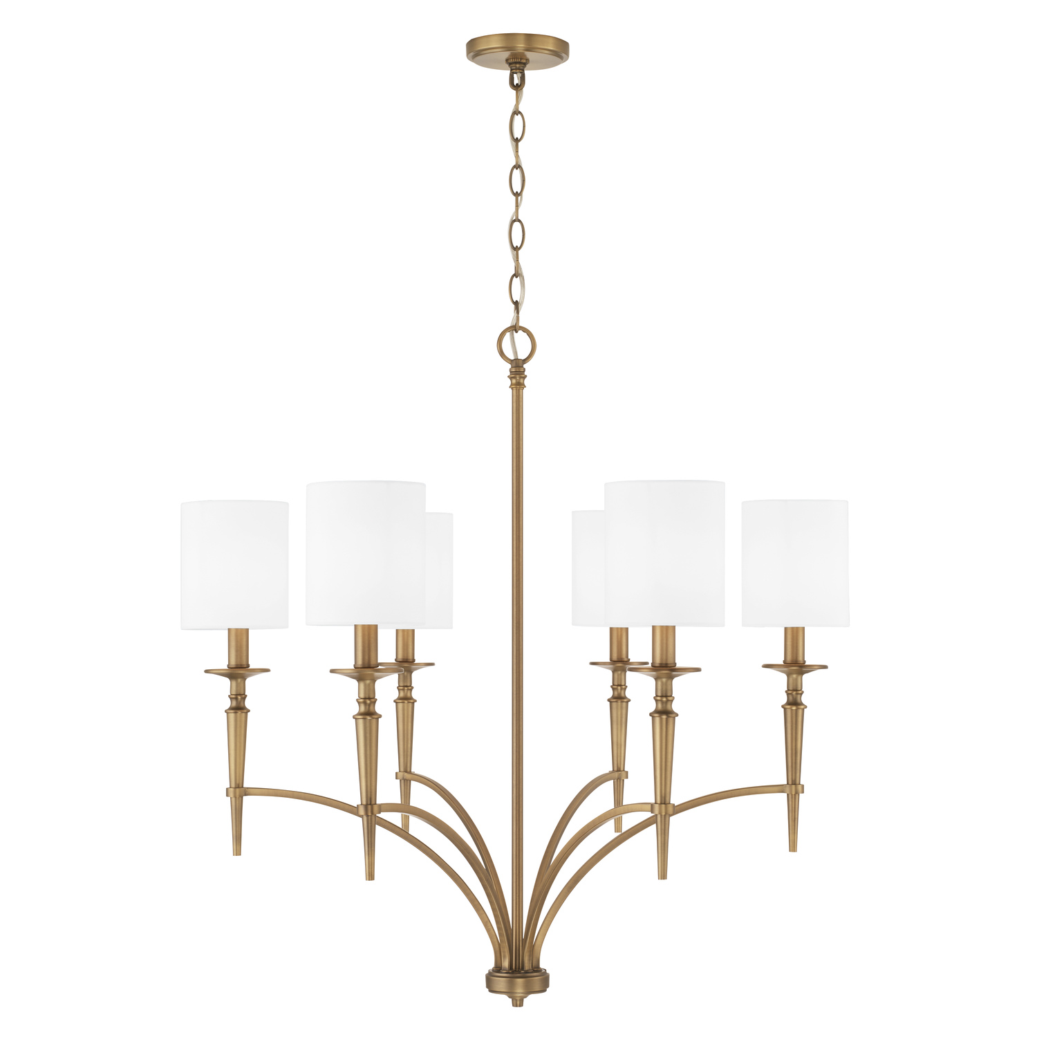 31" W x 32" H 6-Light Chandelier in Aged Brass with White Fabric Stay-Straight Shades