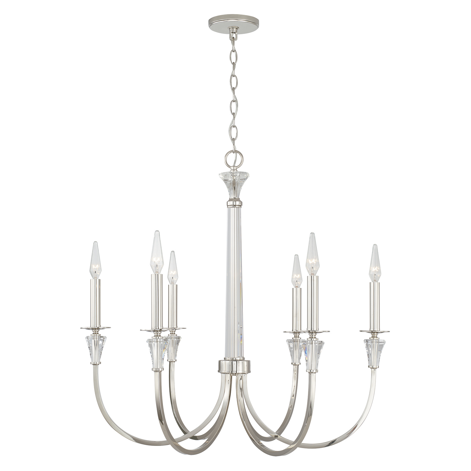 30" W x 29" H 6-Light Chandelier in Polished Nickel with Crystal Column and Bobeches