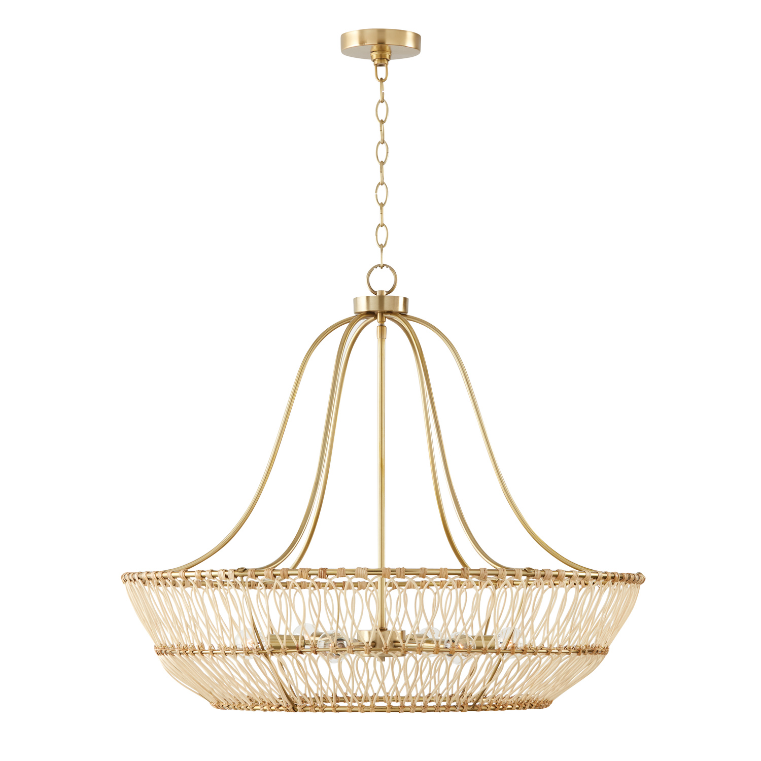 32" W x 27" H 6-Light Chandelier in Matte Brass made with Handcrafted Rattan
