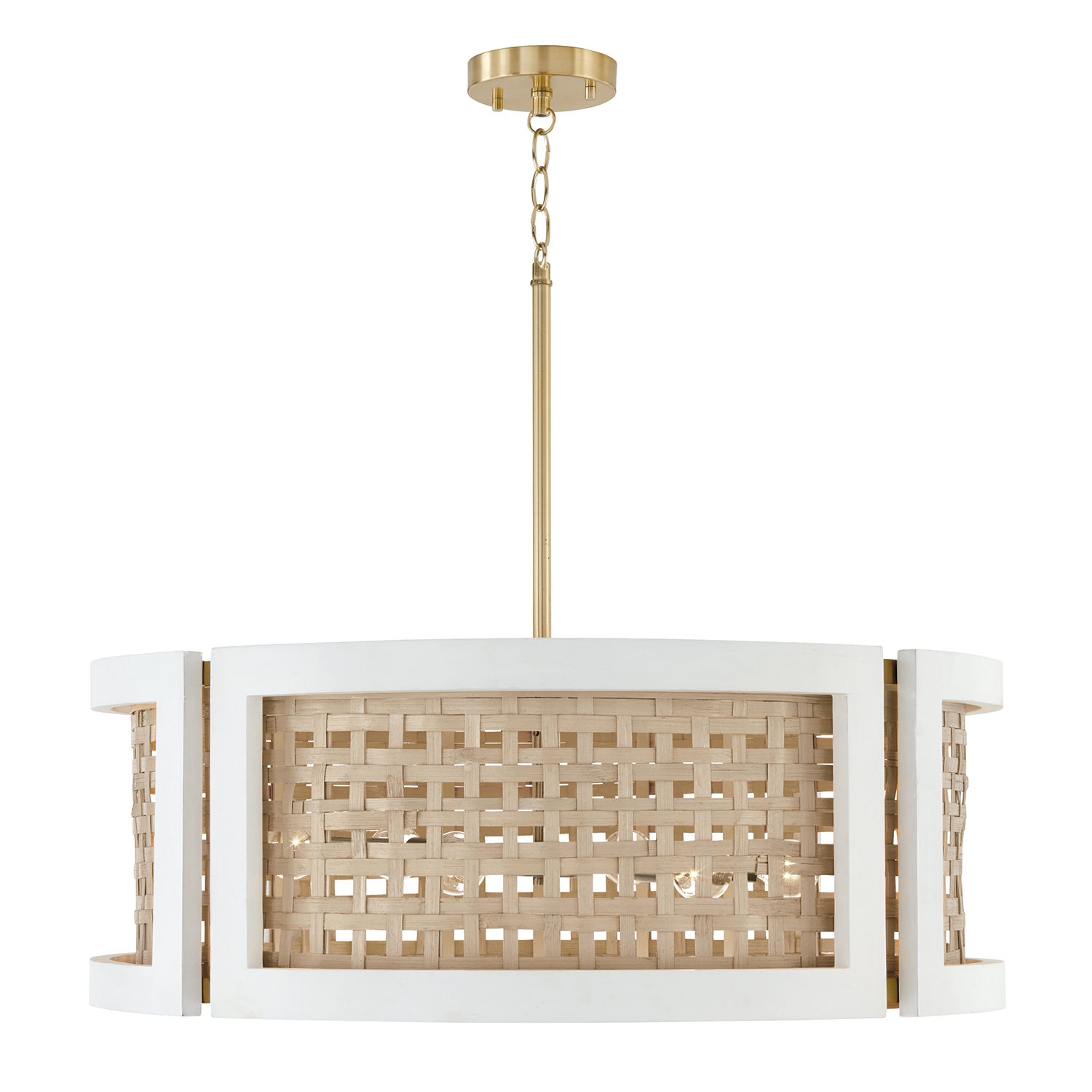 30" W x 11" H 6-Light Chandelier in Flat White and Matte Brass made with Handcrafted Mango Wood and Rattan
