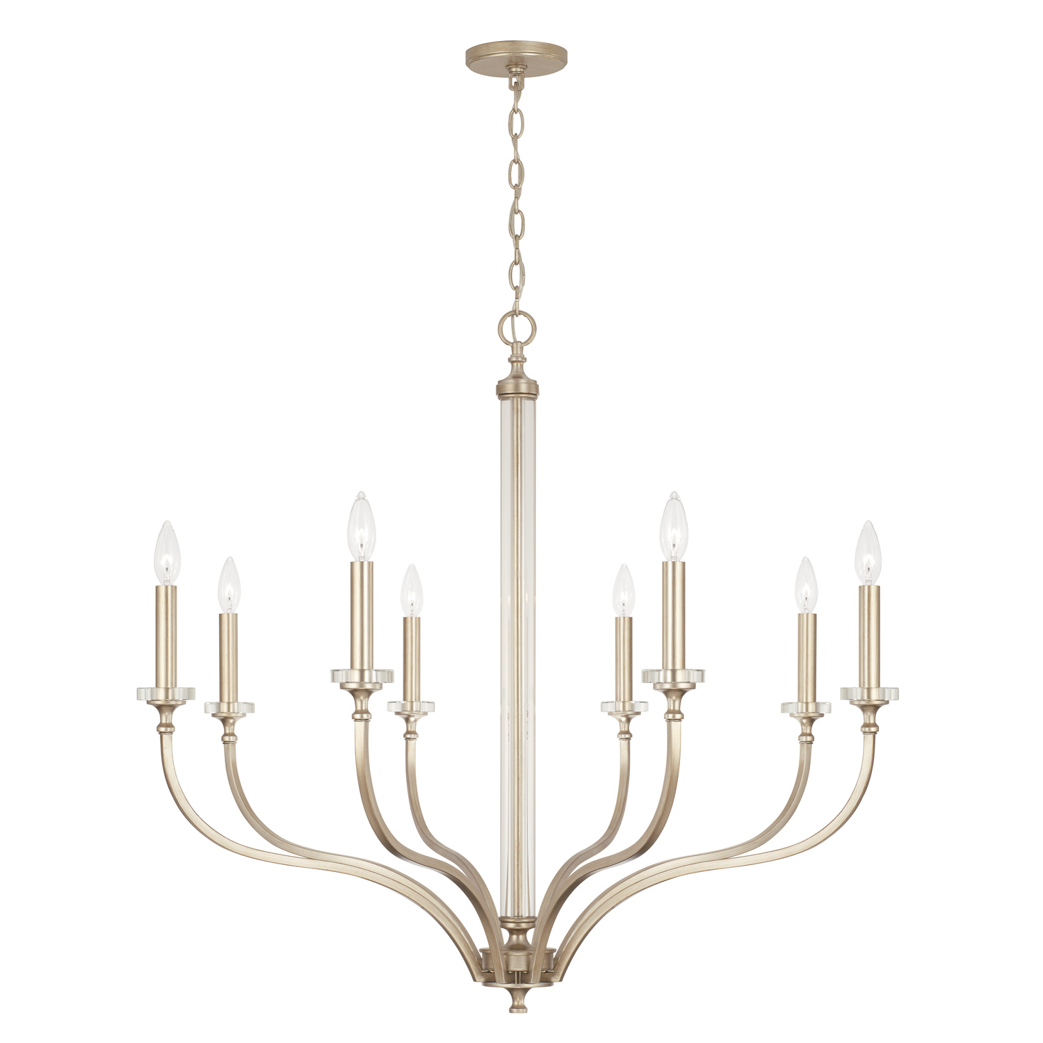 38" W x 35" H 8-Light Large Chandelier in Brushed Champagne with Acrylic Column and Bobeches