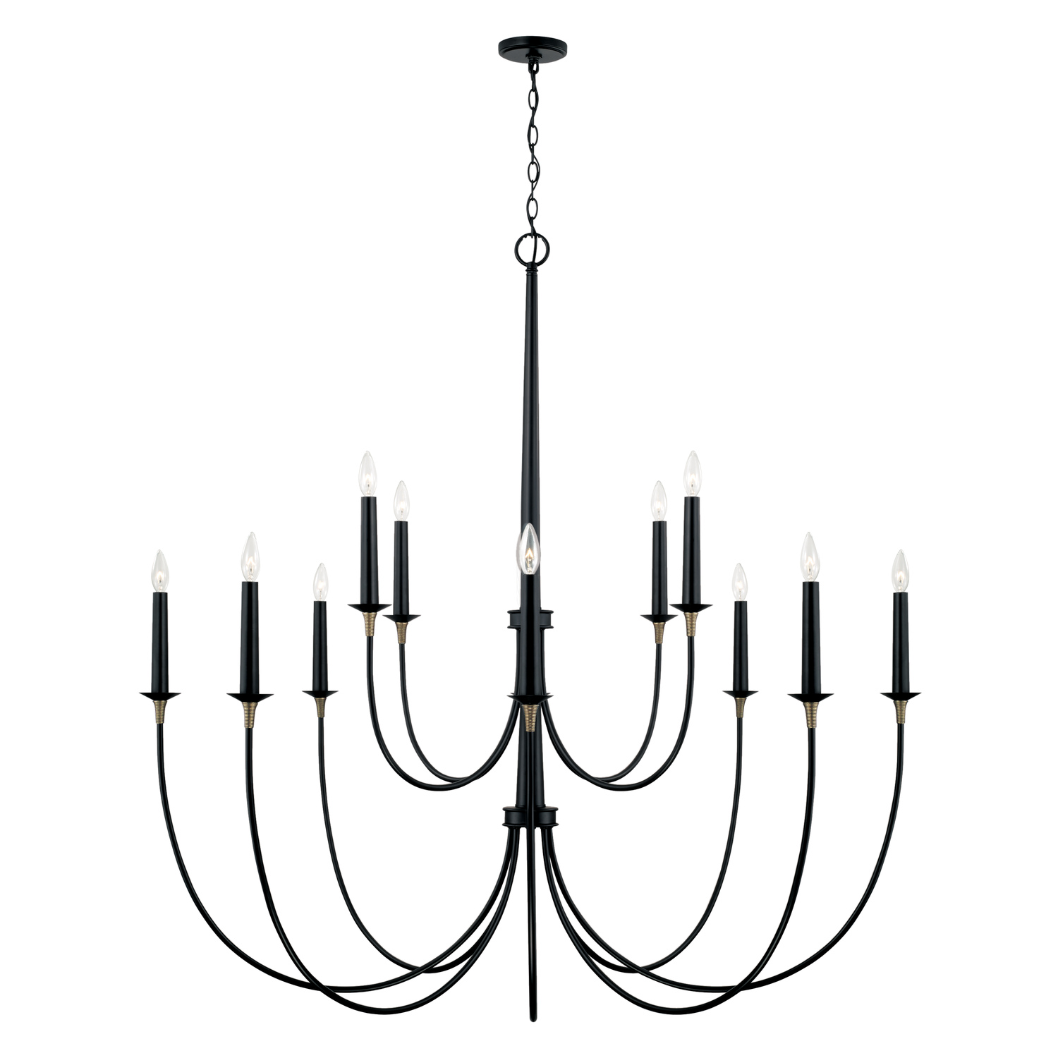 54" W x 53" H 12-Light Grand Chandelier in Matte Black with Brass Wrapped Detail