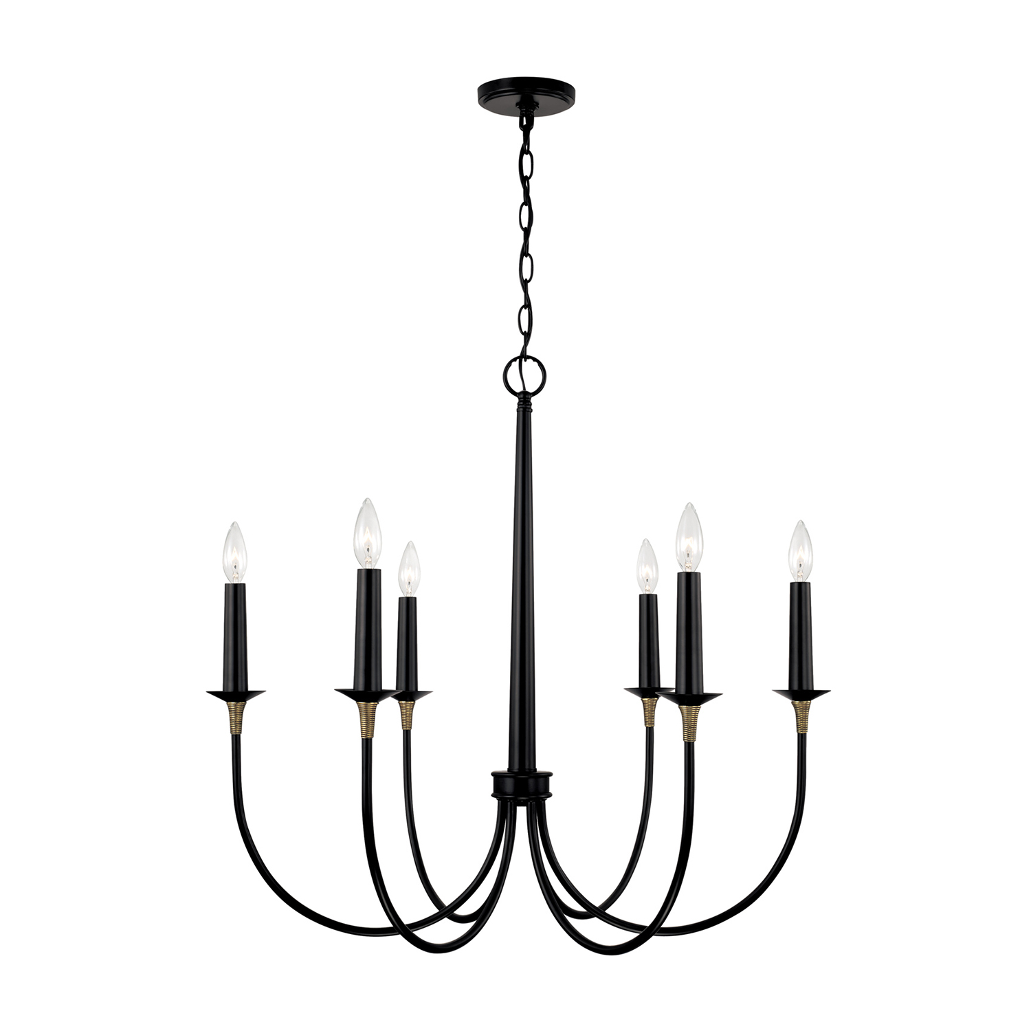 30.5" W x 29" H 6-Light Medium Chandelier in Matte Black with Brass Wrapped Detail