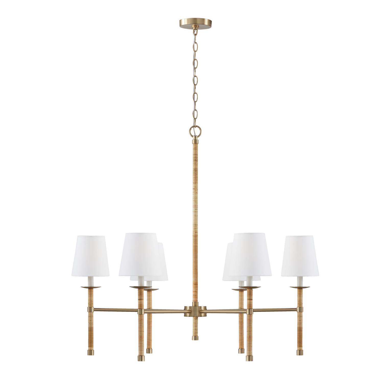 38"W x 35.5"H 6-Light Chandelier in Matte Brass with Hand-Wrapped Natural Rattan and White Fabric Stay-Straight Shade