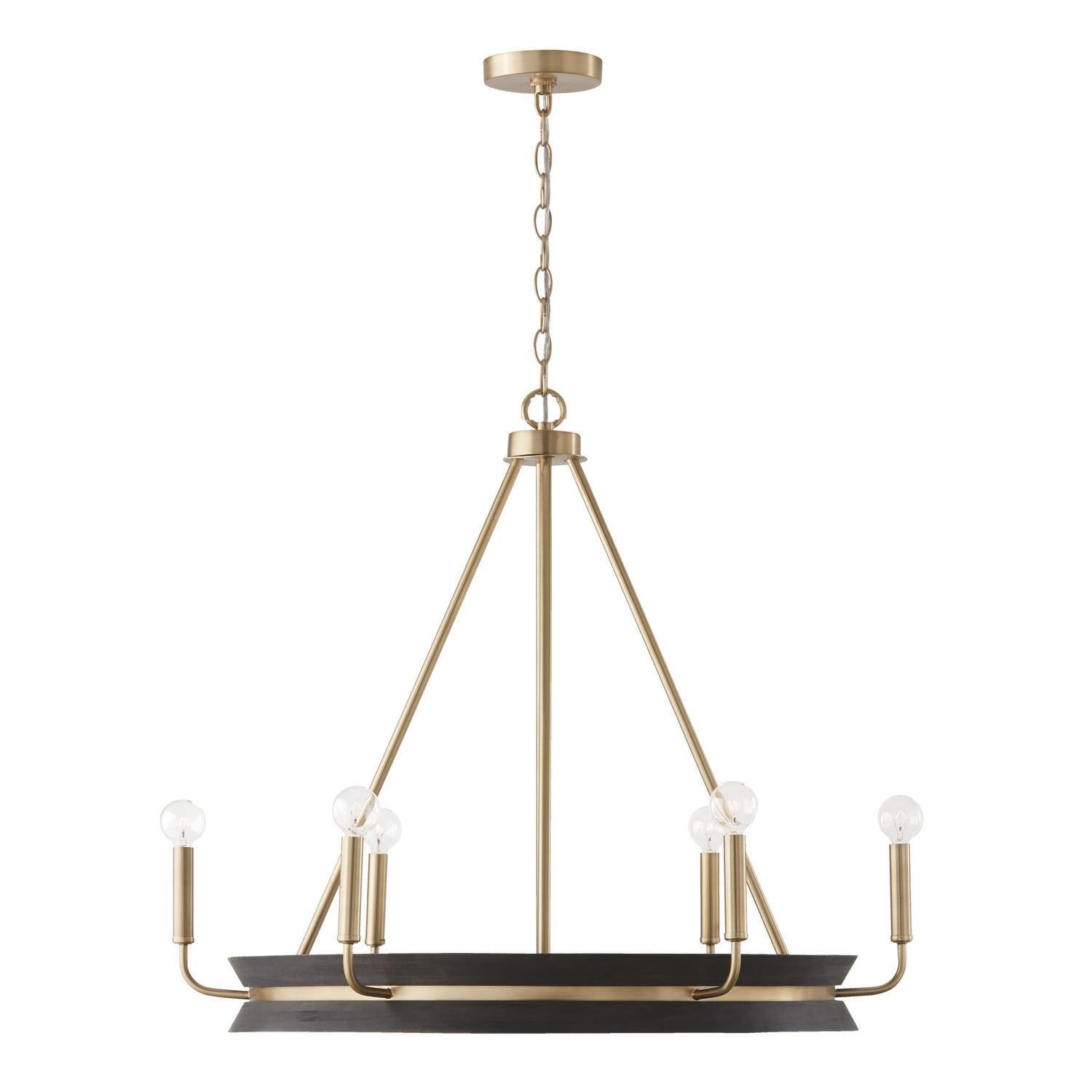 31"W x 27.25"H 6-Light Chandelier in Black Stain Wood and Matte Brass