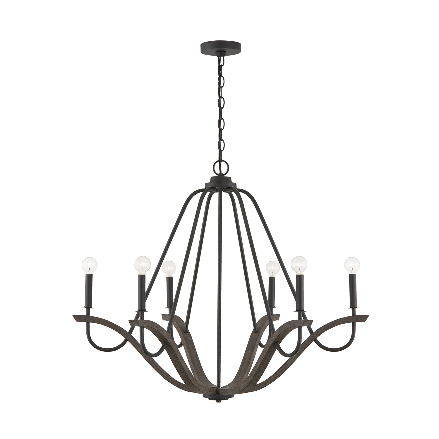 36"W x 29.5"H 6-Light Chandelier in Carbon Grey Wood and Black Iron