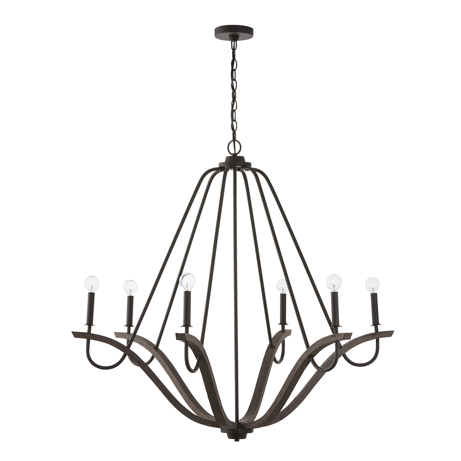 43"W x 38.5"H 6-Light Chandelier in Carbon Grey Wood and Black Iron