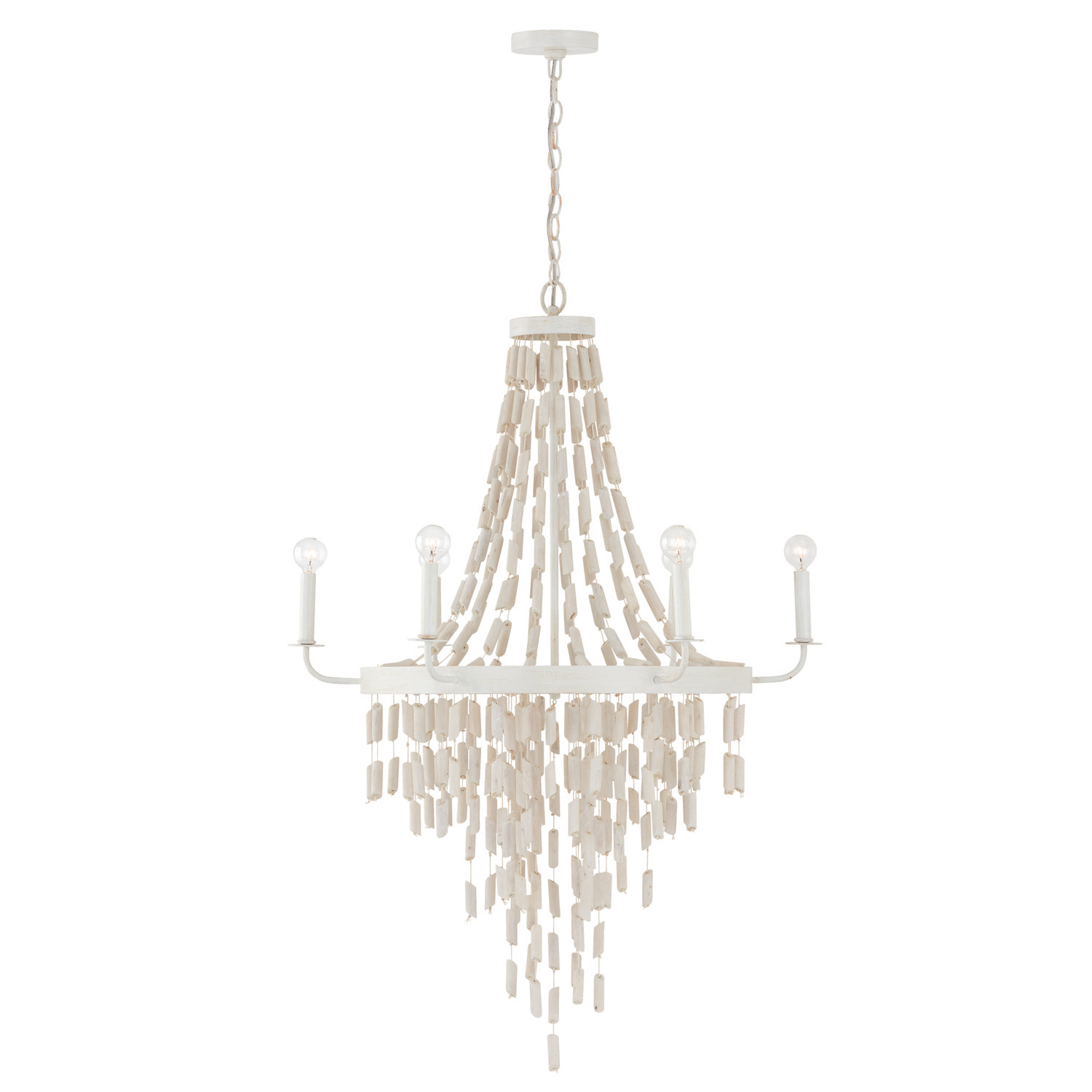 31"W x 42"H 6-Light Chandelier in Organic White with White Washed Natural Eucalyptus Beads