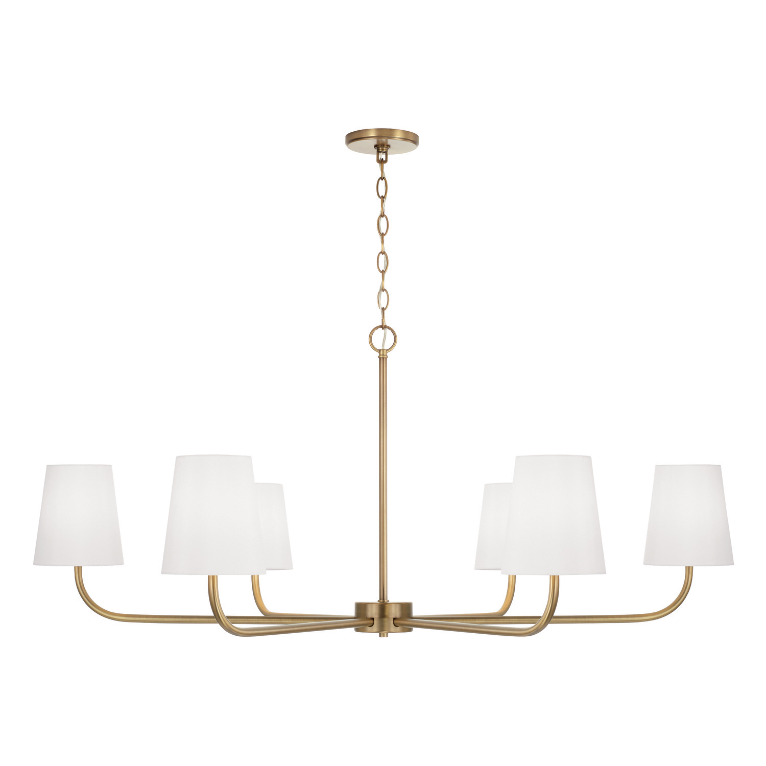 47"W x 21.25"H 6-Light Chandelier in Aged Brass with White Fabric Stay-Straight Shade