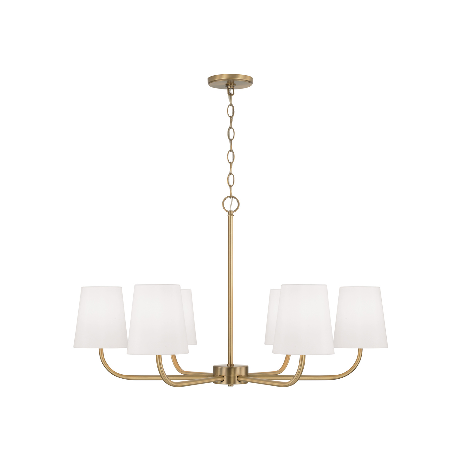 34.50"W x 21"H 6-Light Chandelier in Aged Brass with White Fabric Stay-Straight Shades