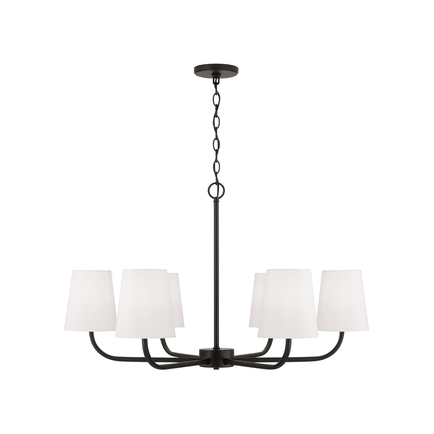 34.50"W x 21"H 6-Light Chandelier in Matte Black with White Fabric Stay-Straight Shades