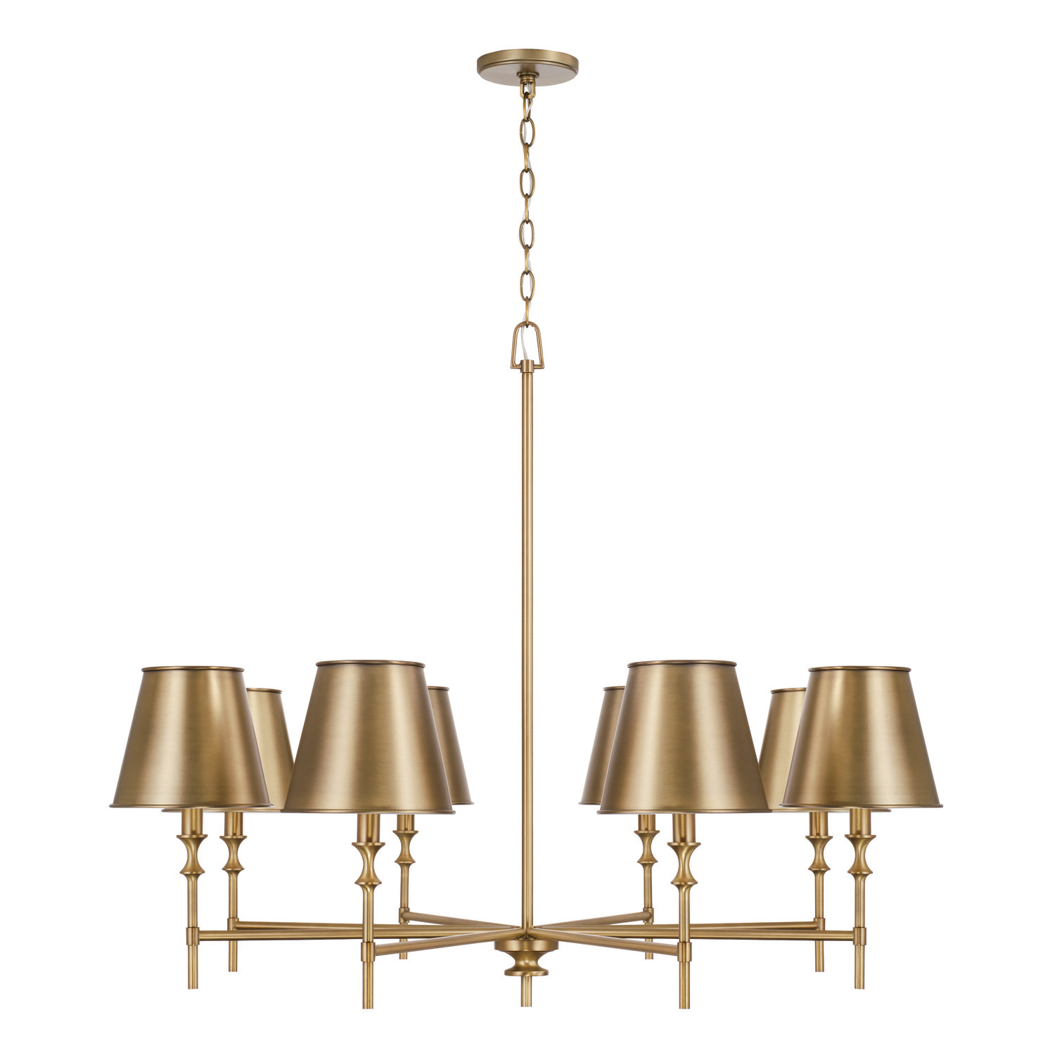 41"W x 33"H 8-Light Chandelier in Aged Brass with Metal Stay-Straight Shade with White Interior