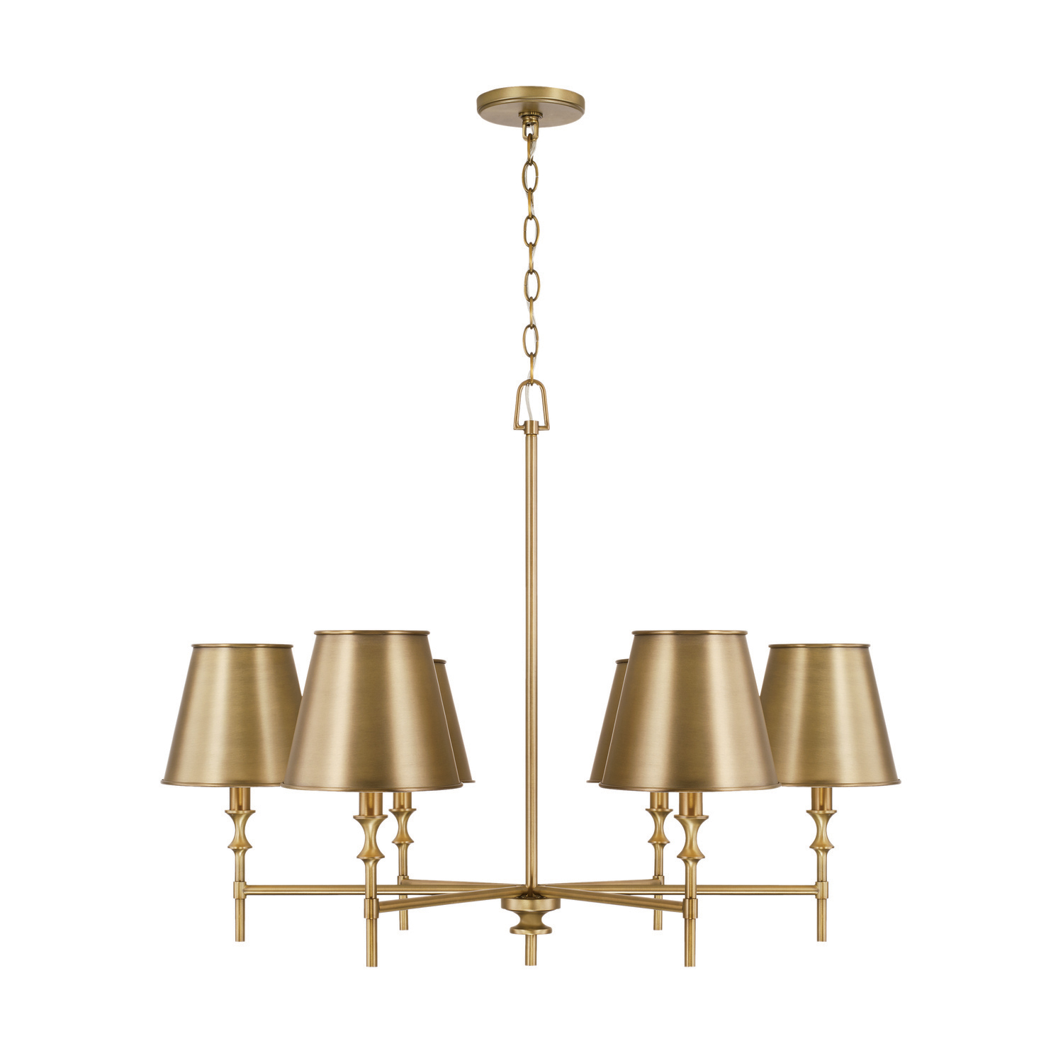 34"W x 27"H 6-Light Chandelier in Aged Brass with Metal Shade with White Interior