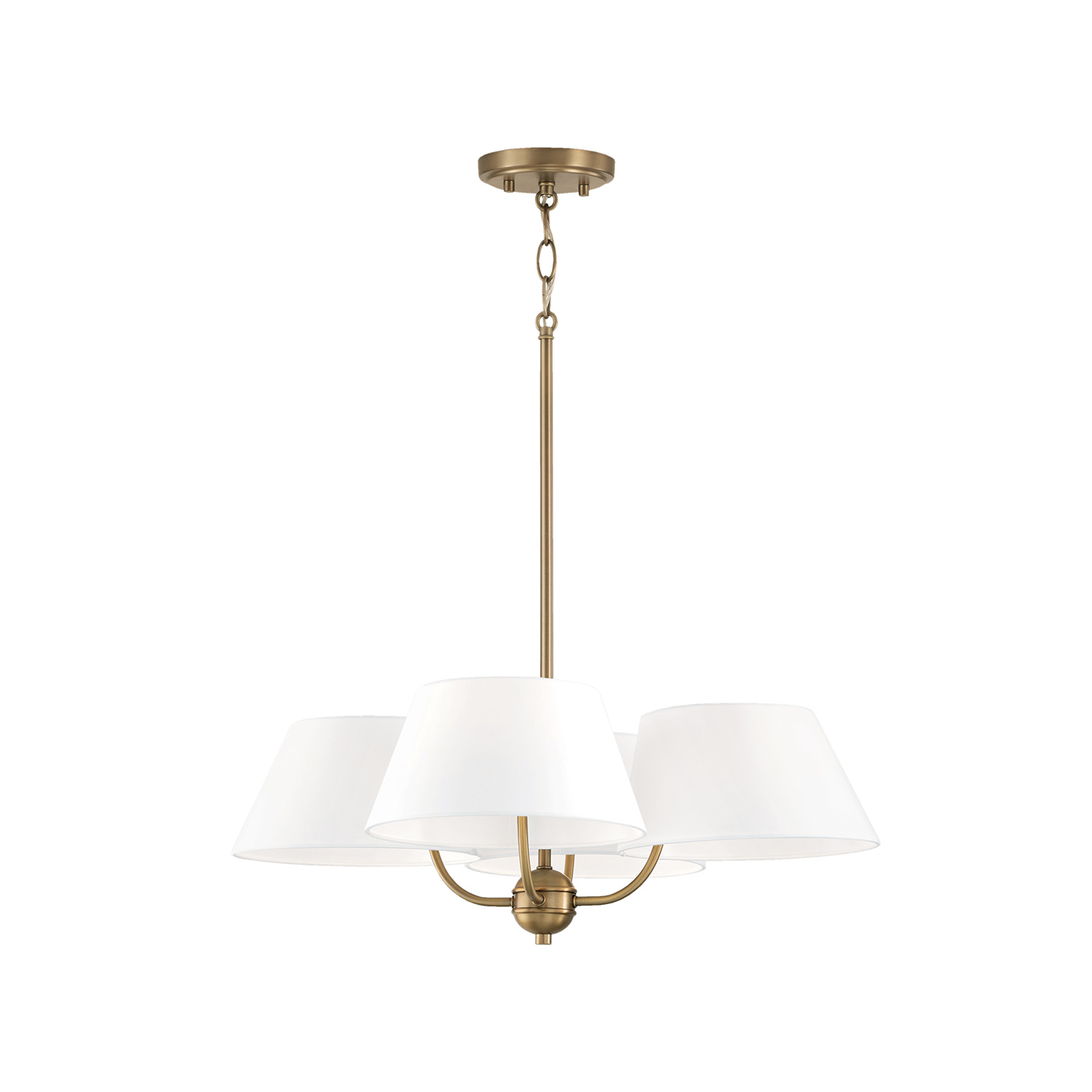 25.50"W x 21"H 4-Light Low-Profile Chandelier Semi-Flush in Aged Brass with White Fabric Shades