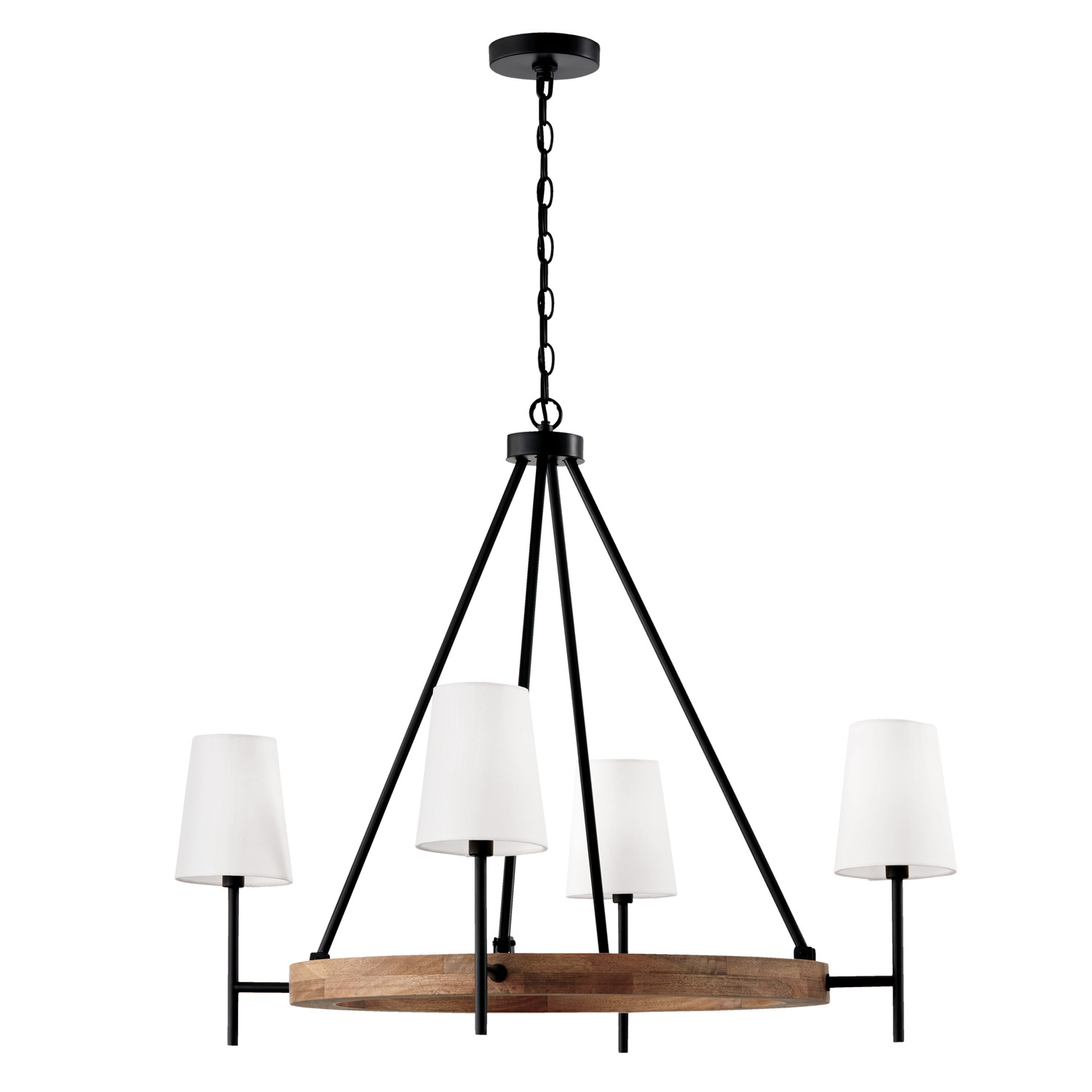 35"W x 29"H 4-Light Chandelier in Matte Black and Mango Wood with Removable White Fabric Shades
