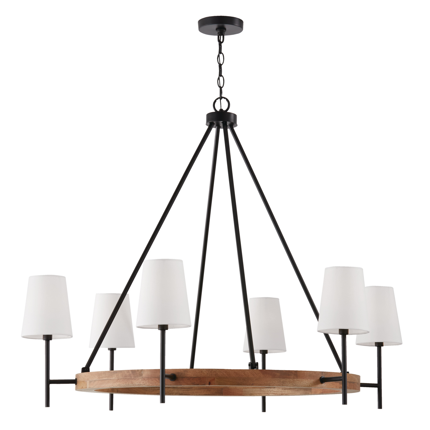 42"W x 35"H 6-Light Chandelier in Matte Black and Mango Wood with Removable White Fabric Shades