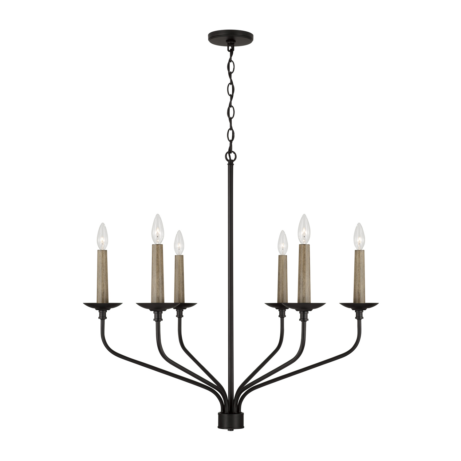 32"W x 30.50"H 6-Light Chandelier in Matte Black with Interchangeable Faux Wood or Matte Black Candle Sleeves