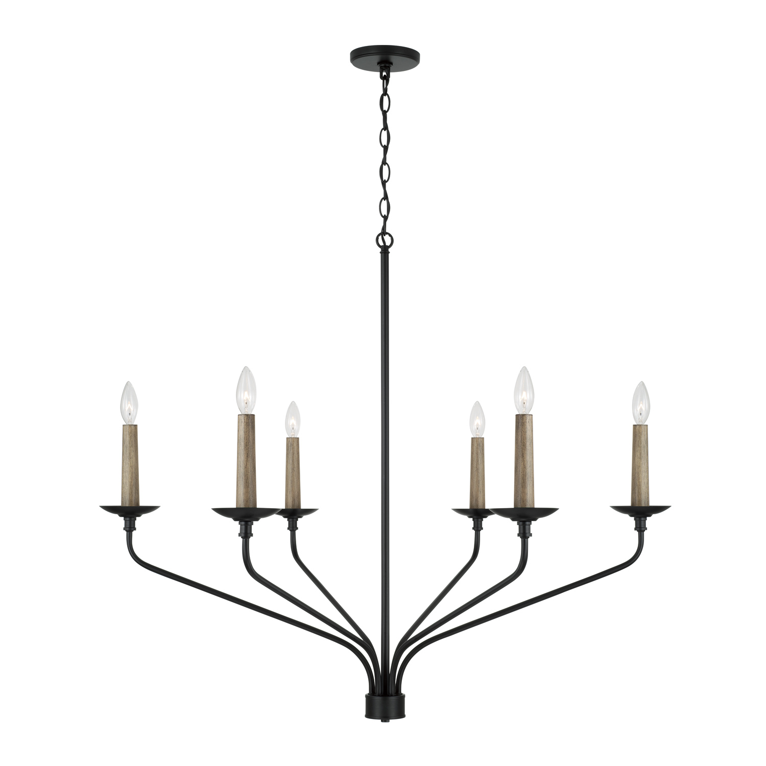 41"W x 35"H 6-Light Chandelier in Matte Black with Interchangeable Faux Wood or Matte Black Candle Sleeves