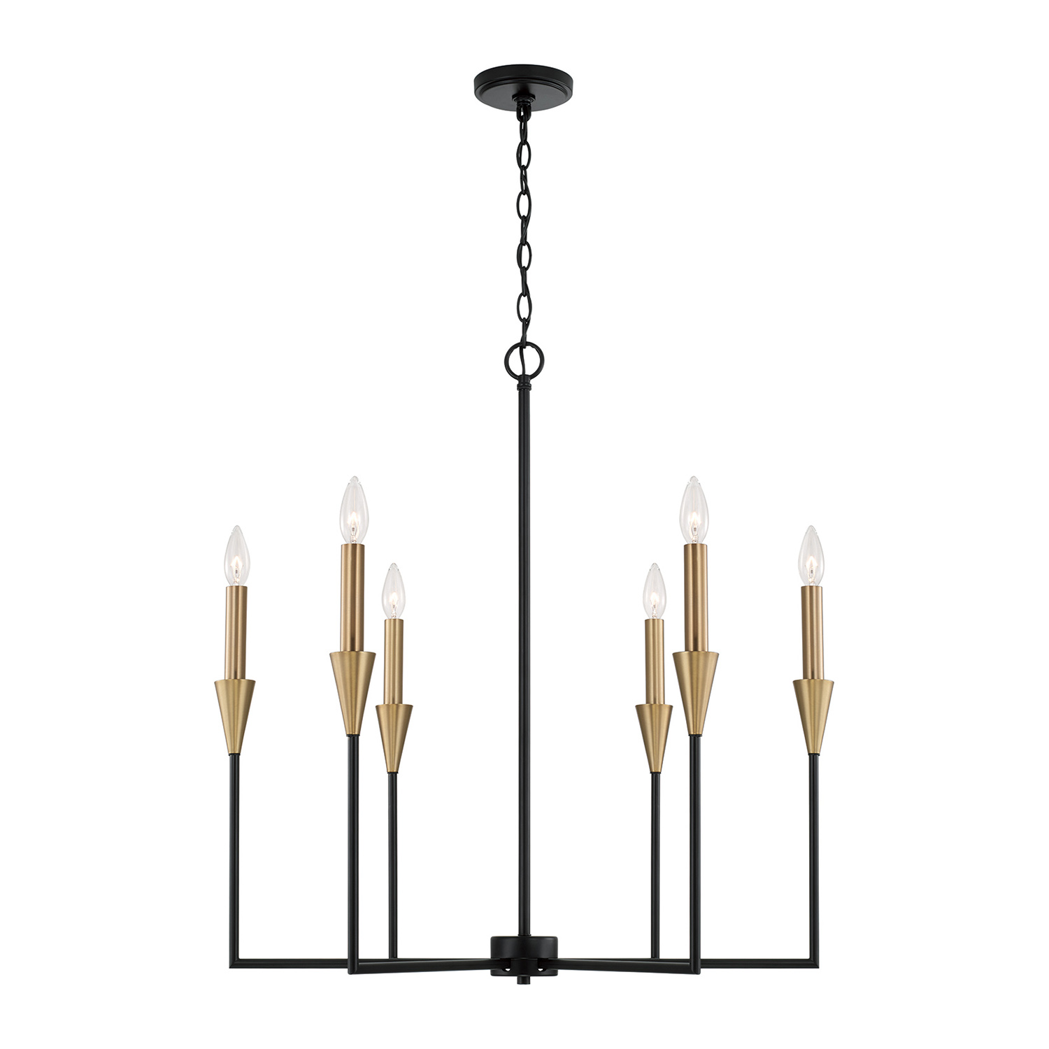 29"W x 30.50"H 6-Light Chandelier in Black and Aged Brass with Interchangeable White or Aged Brass Candle Sleeves
