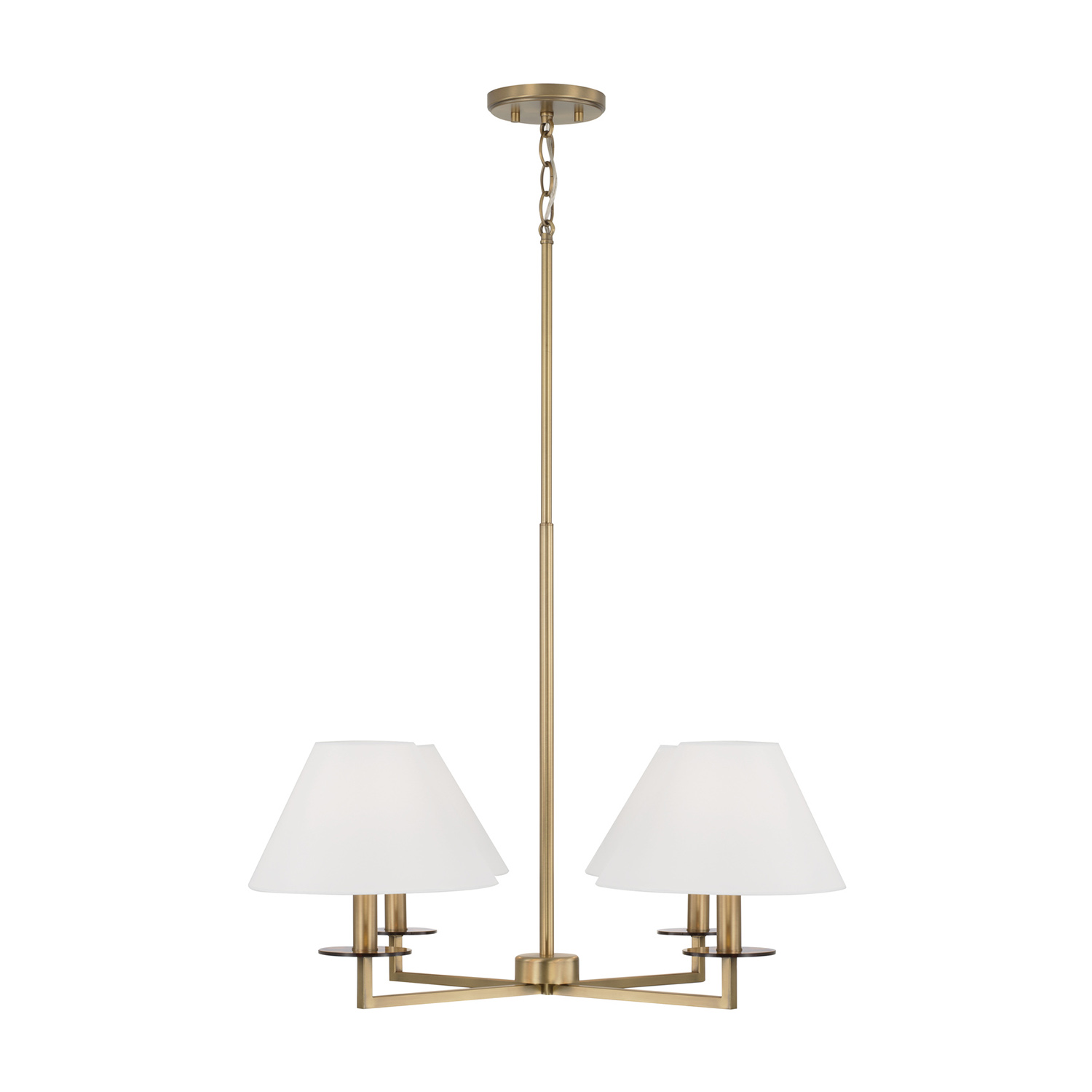 29.75"W x 19.75"H 4-Light Chandelier in Aged Brass with White Fabric Stay-Straight Shades and Interchangeable Clear or Tortoise Shell Bobeches