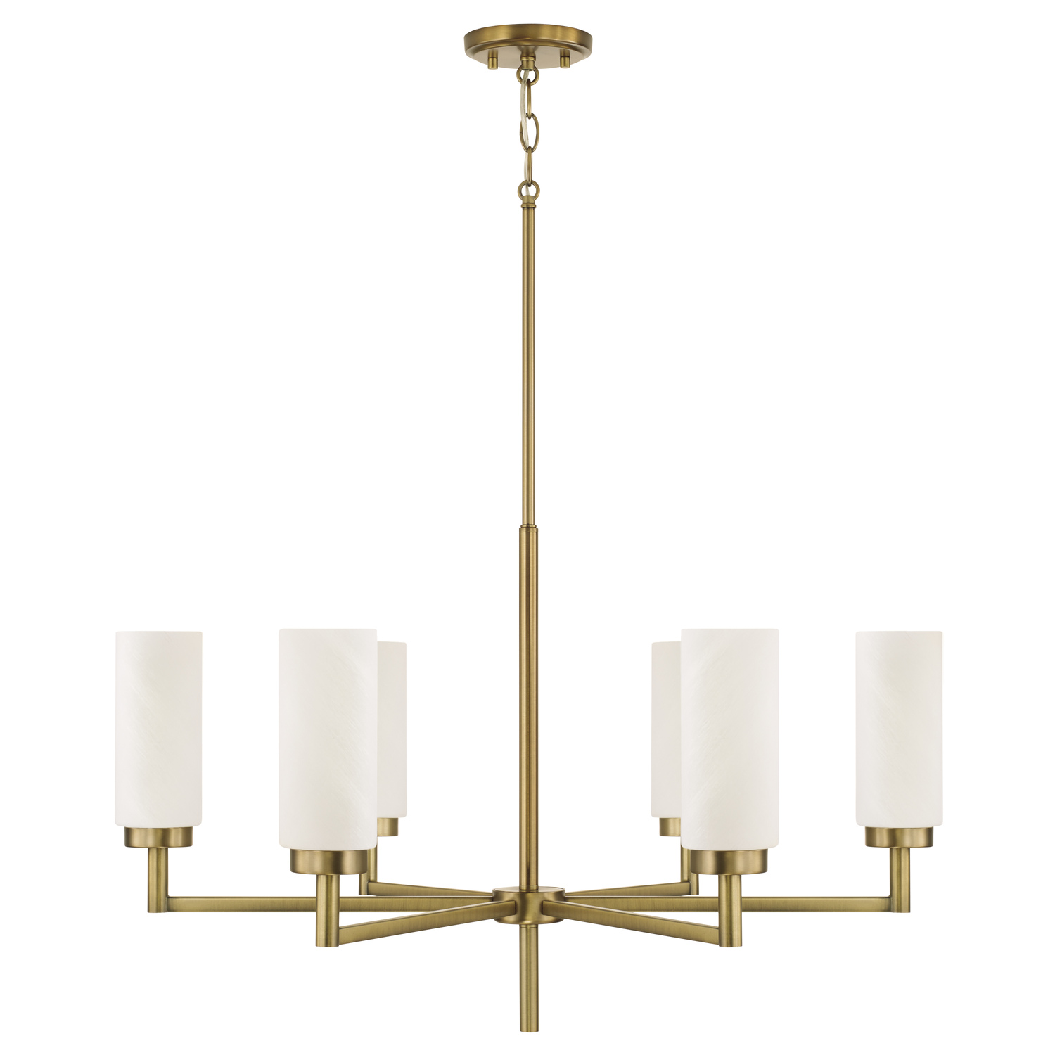 31"W x 18.25"H 6-Light Cylindrical Chandelier in Aged Brass with Faux Alabaster Glass
