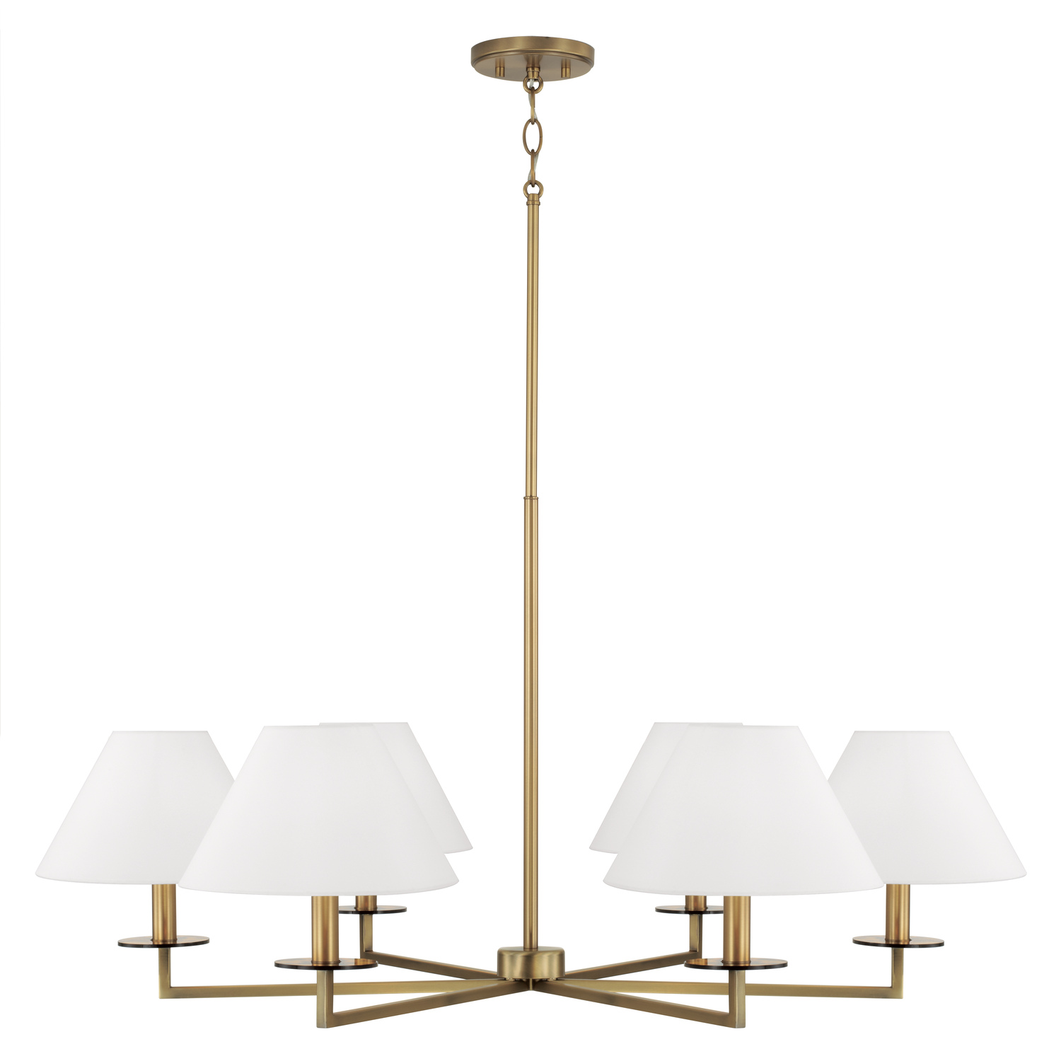 39.75"W x 19.75"H 6-Light Chandelier in Aged Brass with White Fabric Stay-Straight Shades and Interchangeable Clear or Tortoise Shell Bobeches