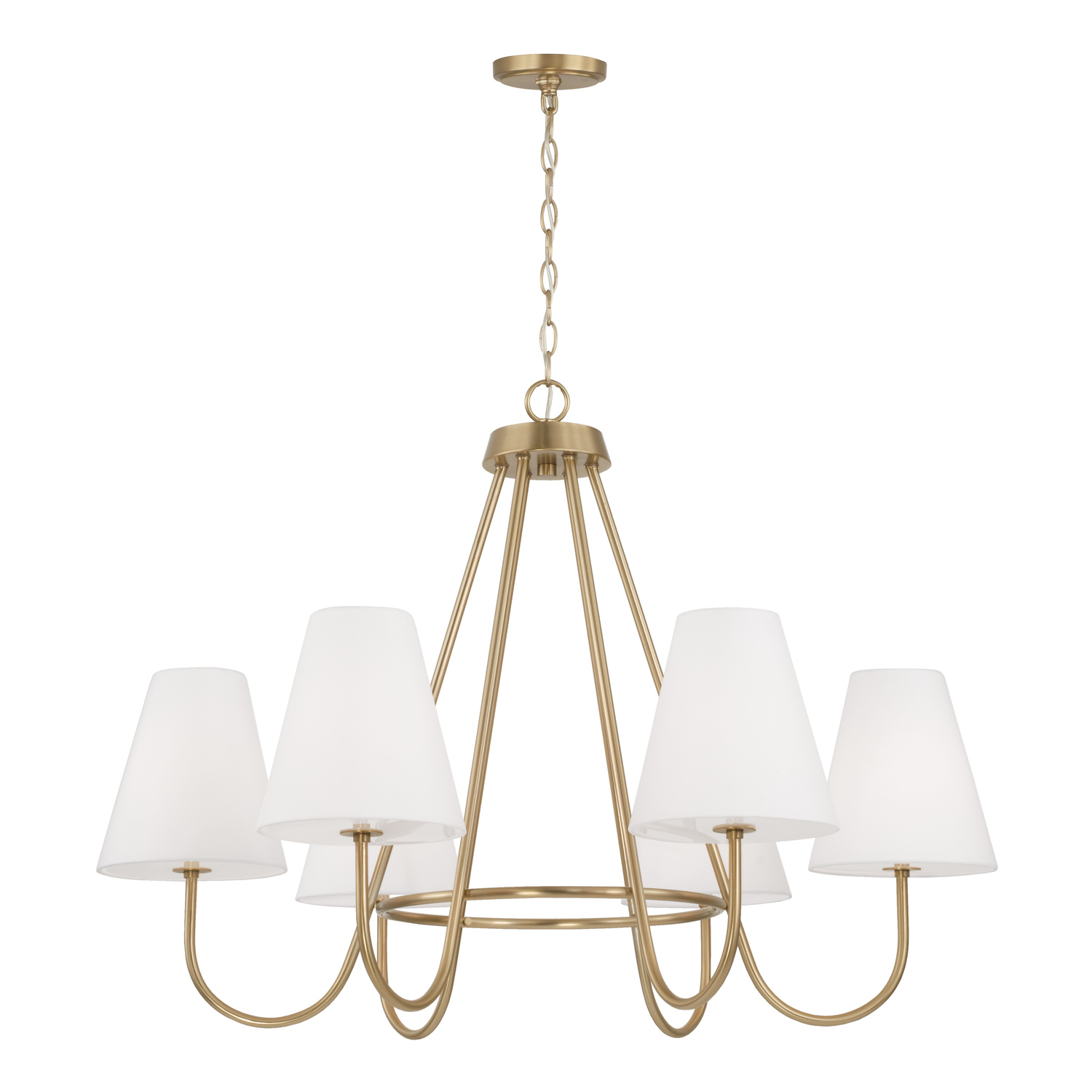 36"W x 26.25"H 6-Light Chandelier in Matte Brass with Tapered White Fabric Shades and Glass Diffusers