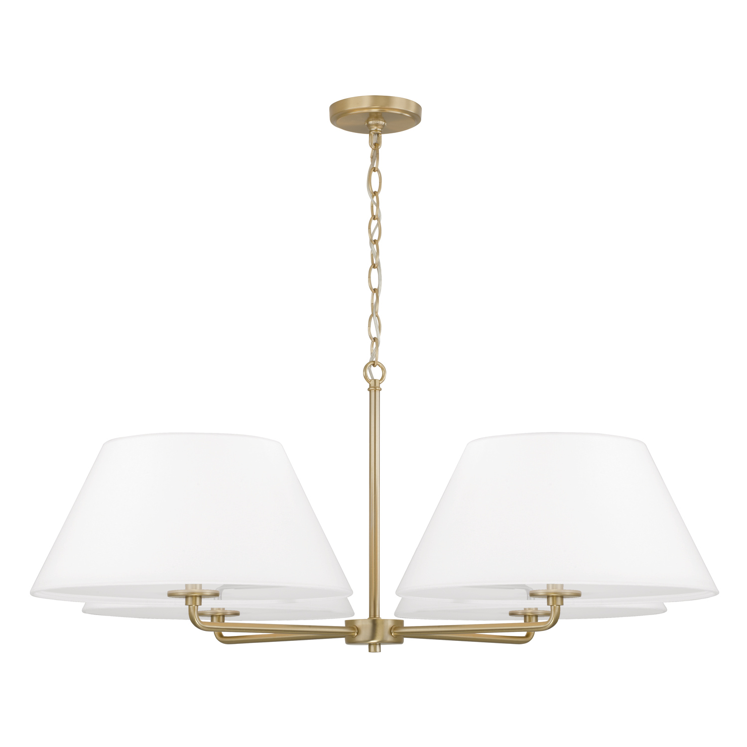 39.25"W x 15.25"H 4-Light Chandelier in Matte Brass with White Fabric Shades and Glass Diffusers